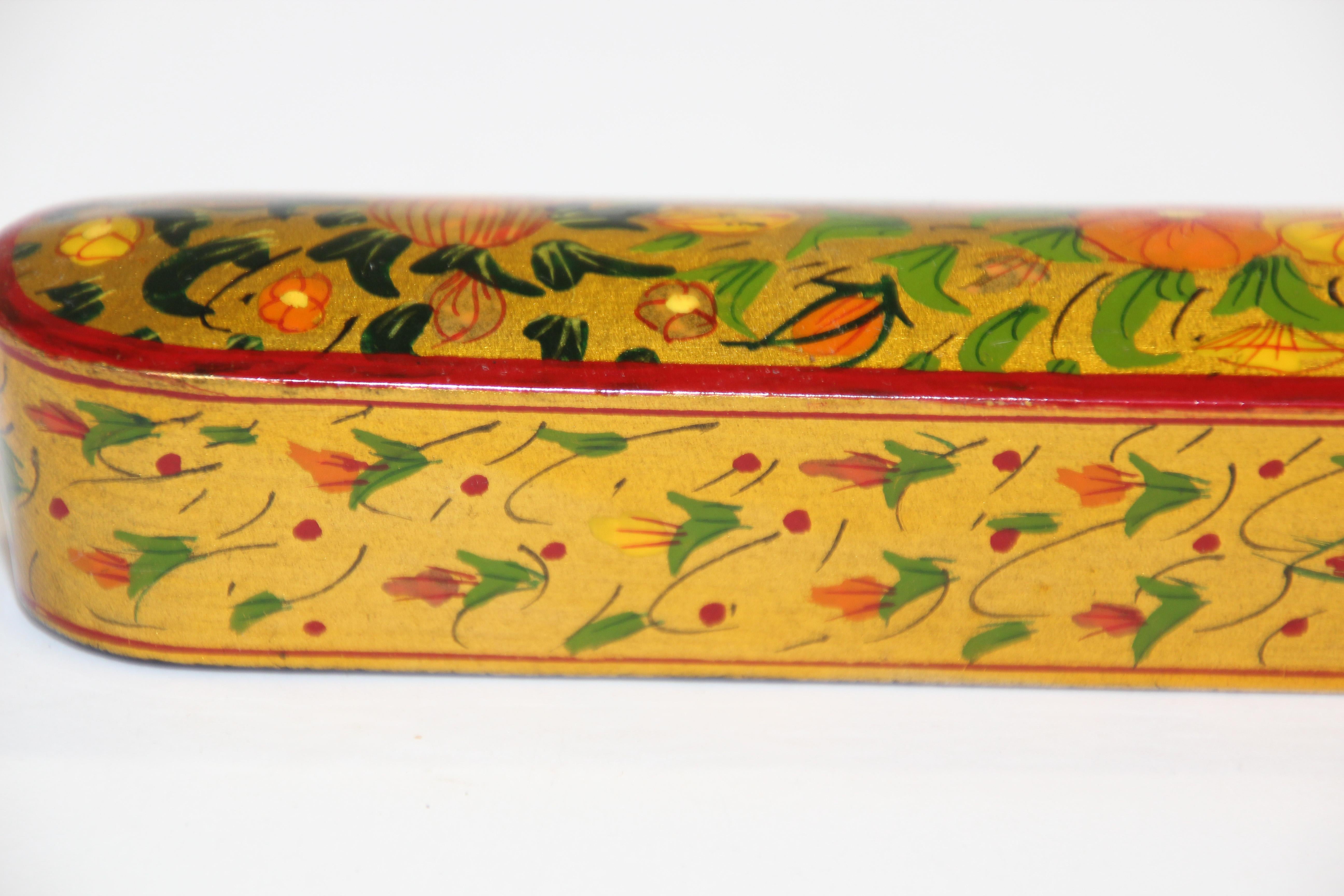 Paper Persian Lacquer Pen Box Hand Painted with Floral and Gilt Design For Sale