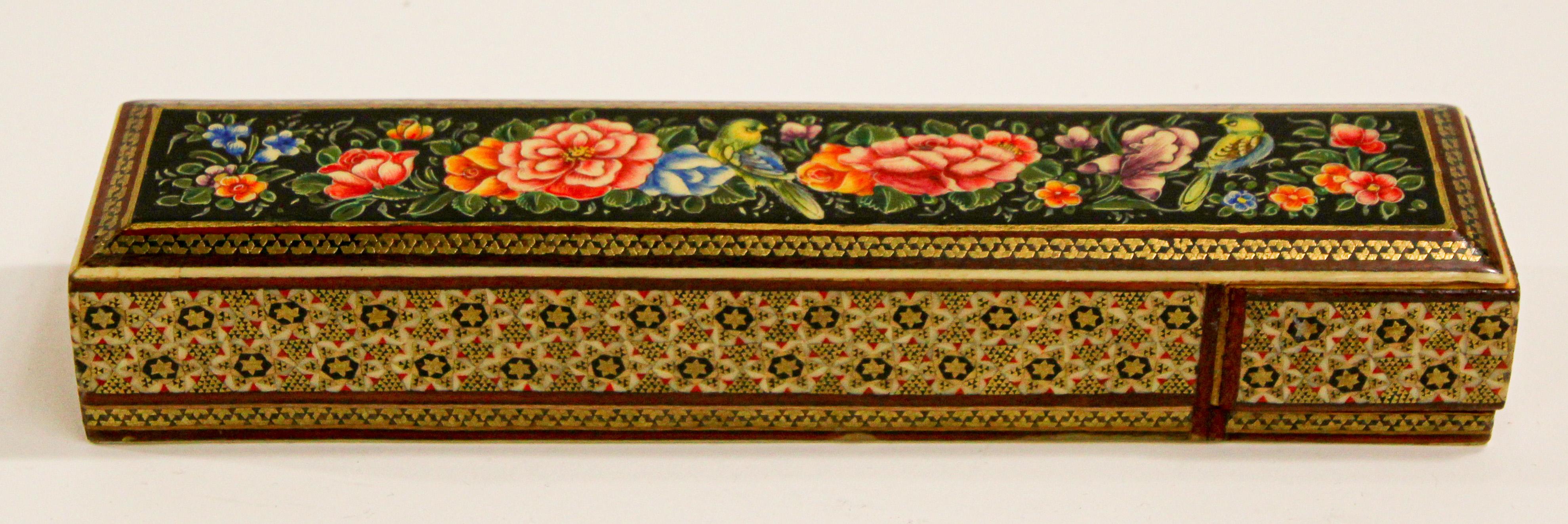 Persian Lacquer Pen Box Hand Painted with Floral Design For Sale 1