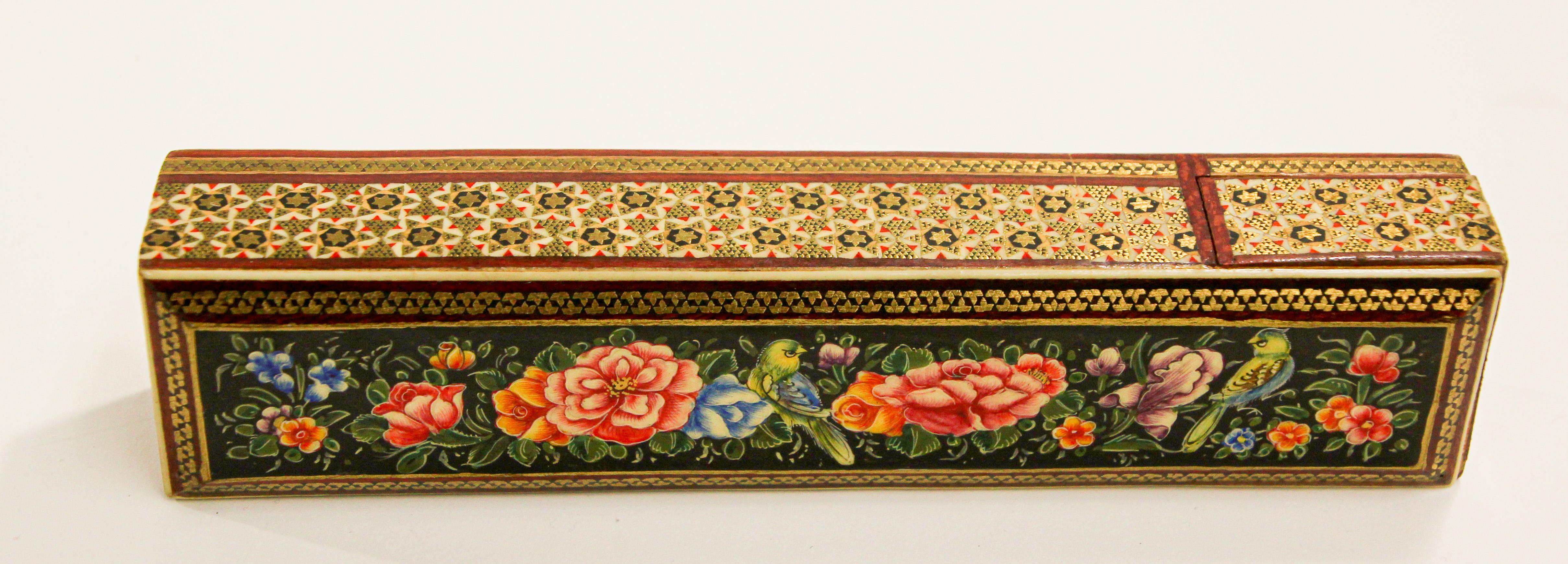Moorish Persian Lacquer Pen Box Hand Painted with Floral Design