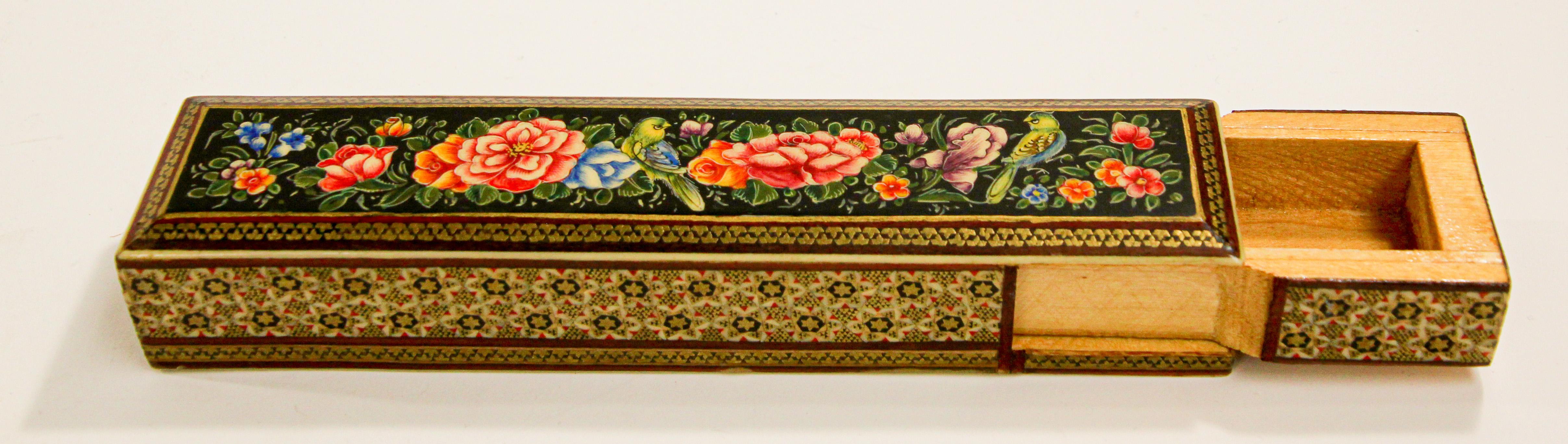 Indian Persian Lacquer Pen Box Hand Painted with Floral Design For Sale