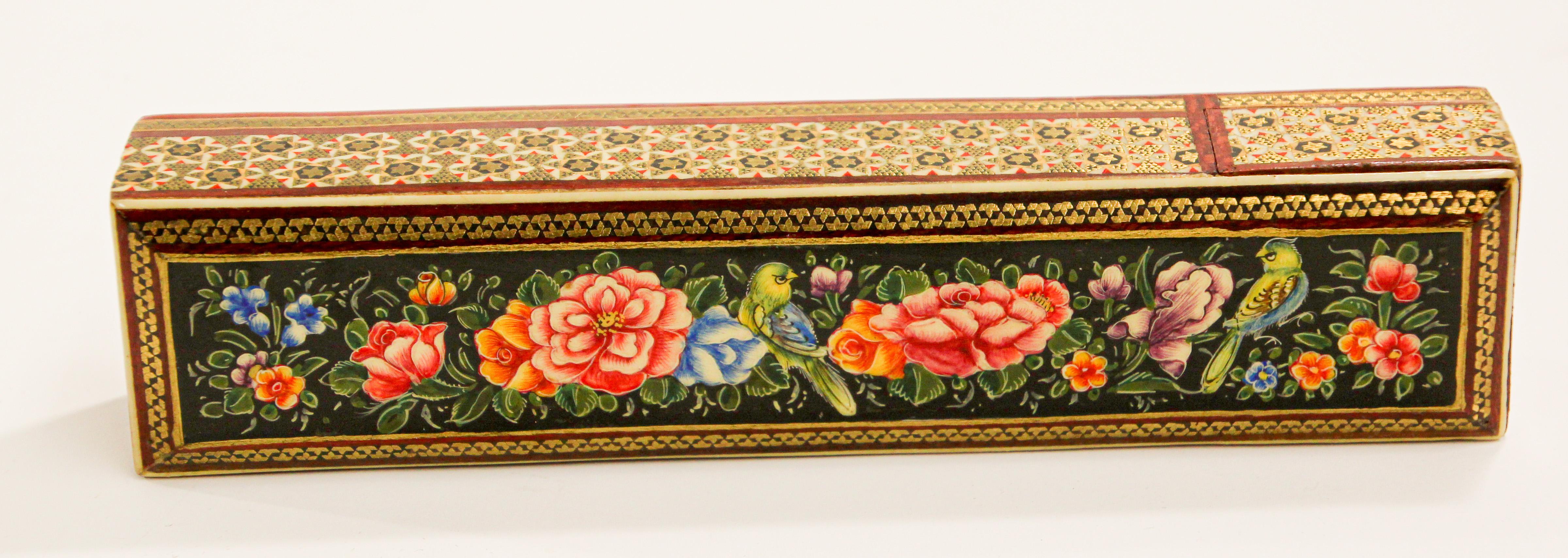 Persian Lacquer Pen Box Hand Painted with Floral Design In Good Condition For Sale In North Hollywood, CA