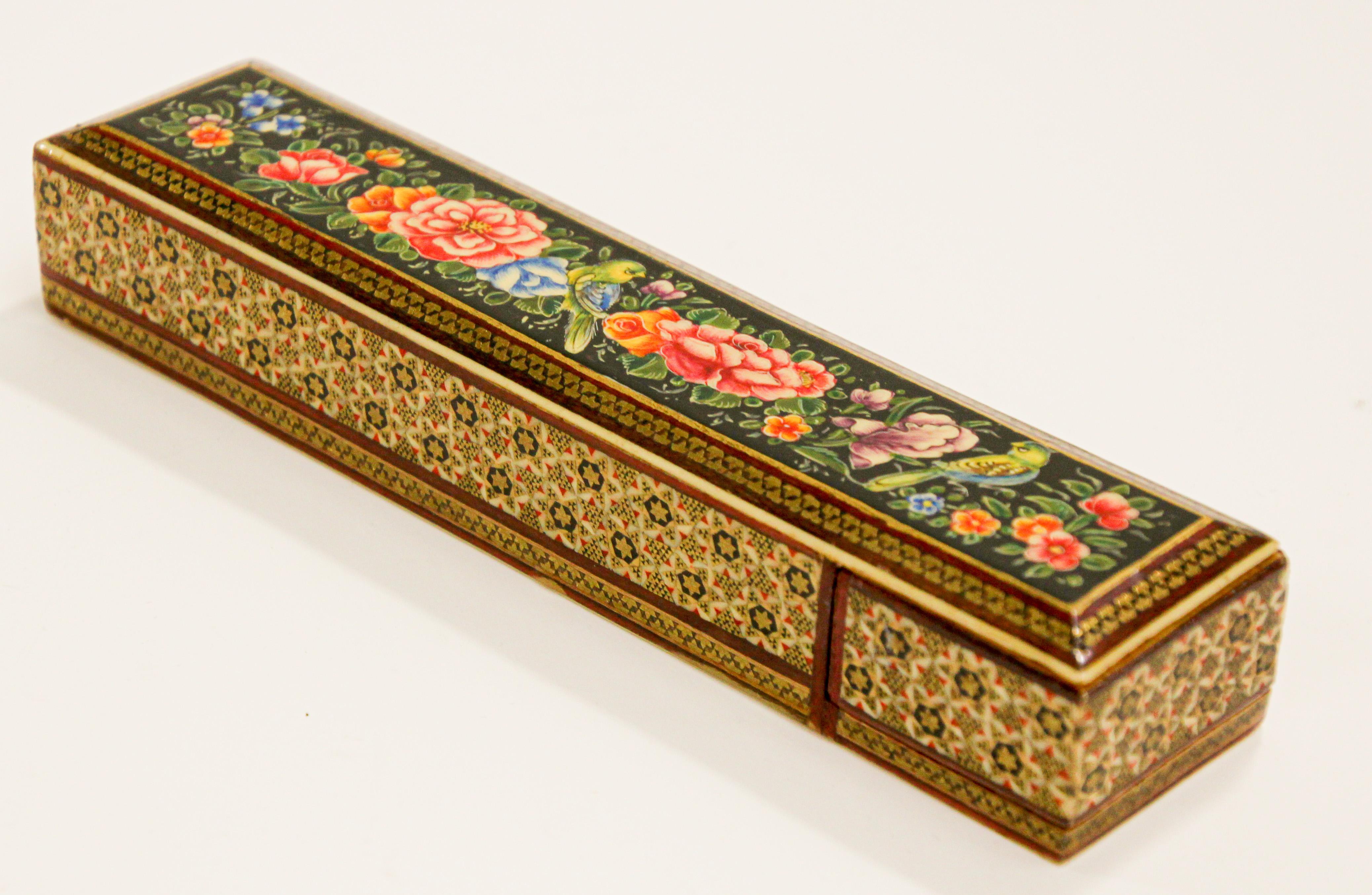 20th Century Persian Lacquer Pen Box Hand Painted with Floral Design