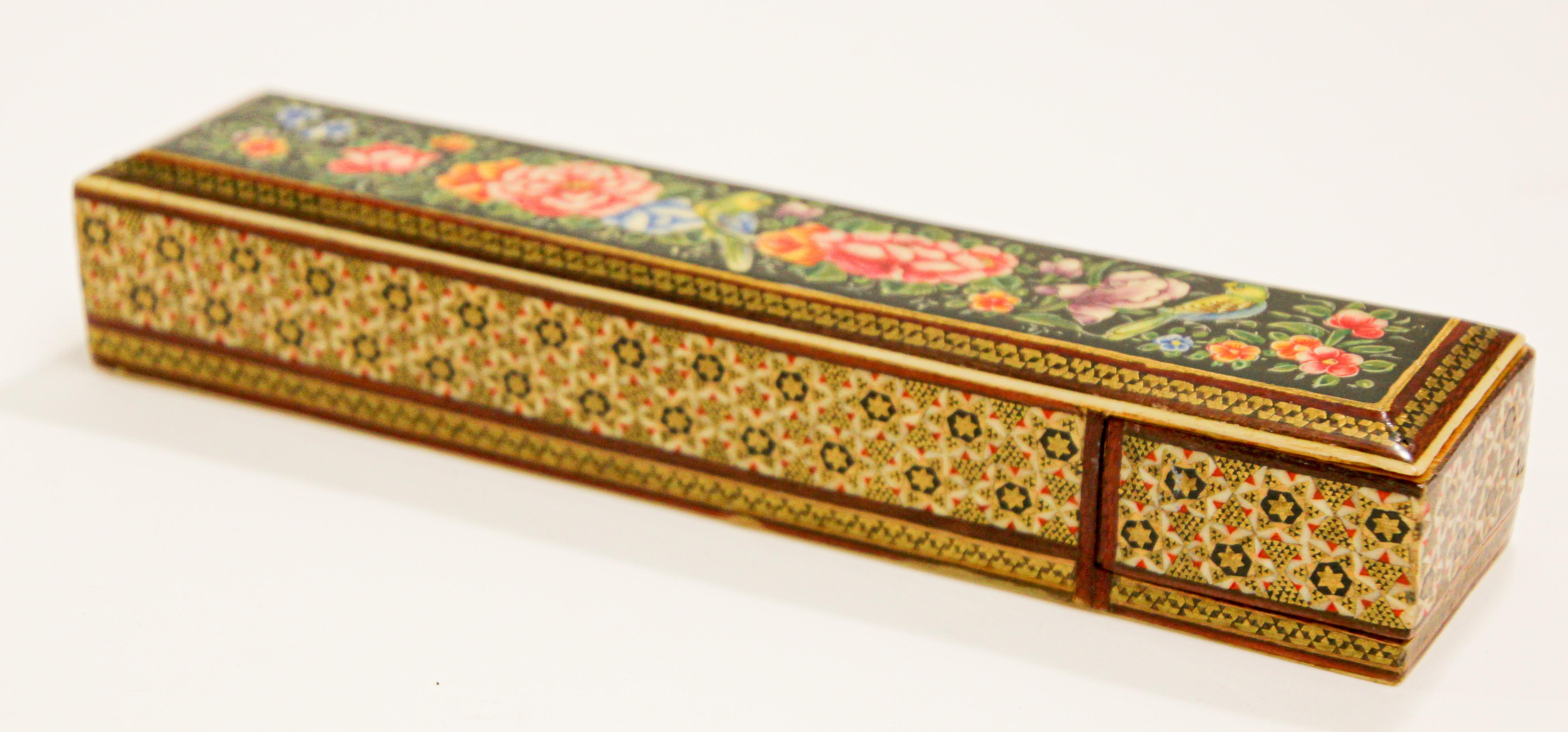 Paper Persian Lacquer Pen Box Hand Painted with Floral Design For Sale