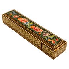 Vintage Persian Lacquer Pen Box Hand Painted with Floral Design