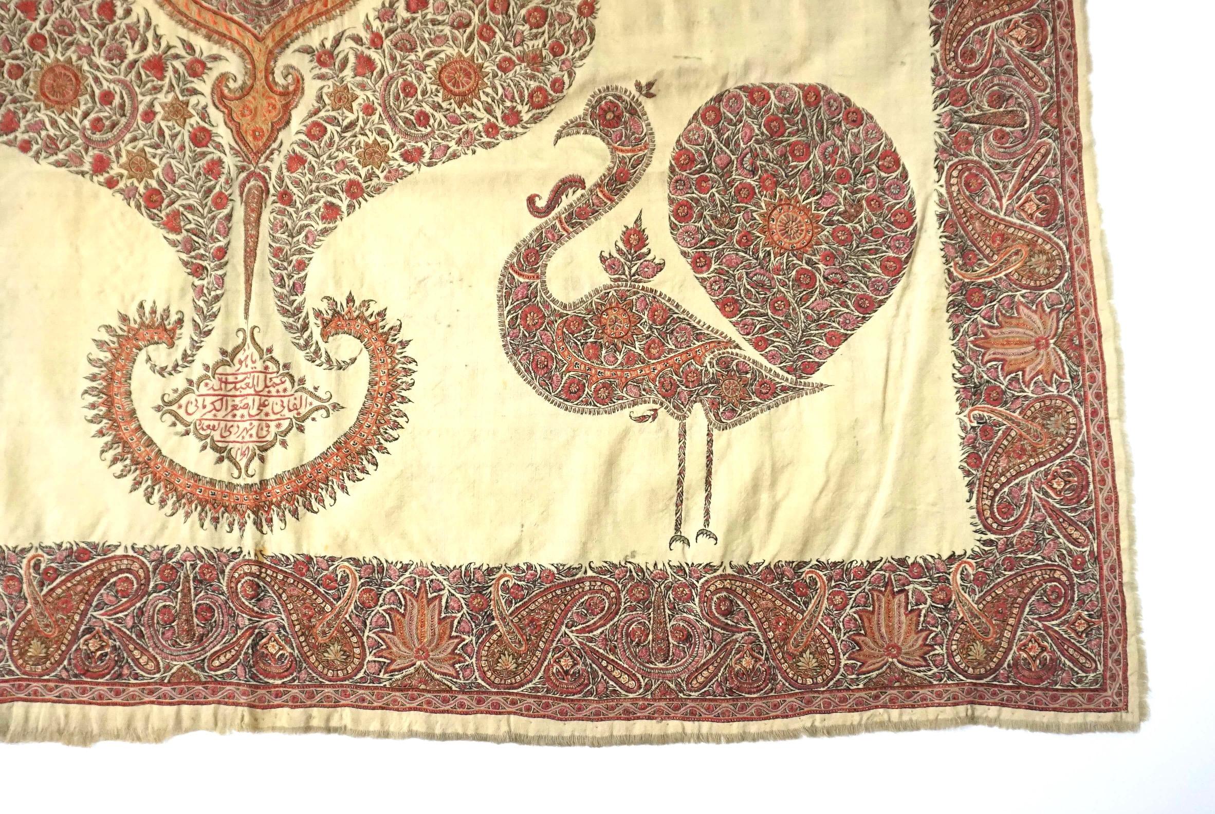 Large Persian Kerman Kashmiri Style Embroidered Linen Pateh or Panel, circa 1840 4