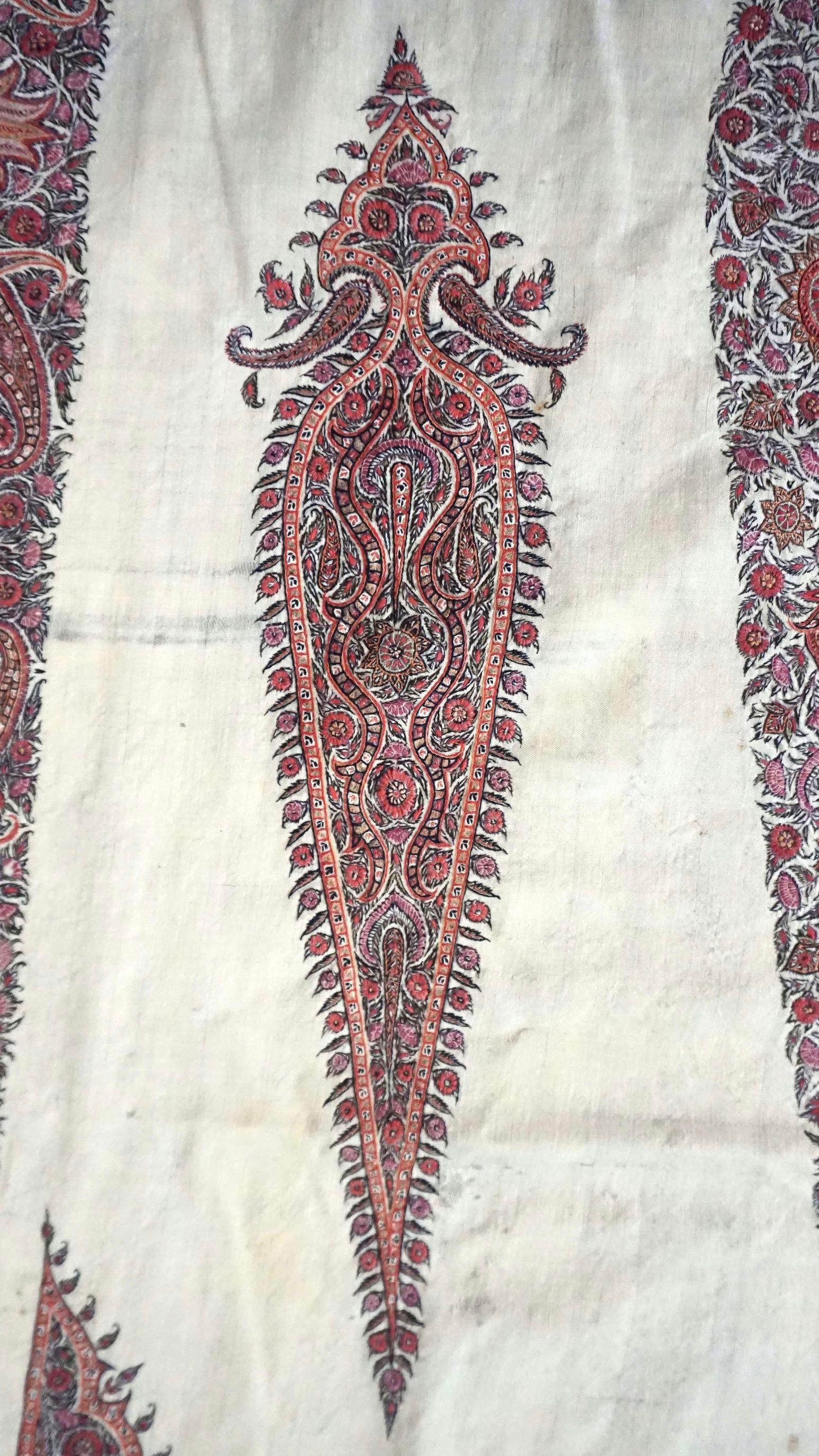 Large Persian Kerman Kashmiri Style Embroidered Linen Pateh or Panel, circa 1840 5