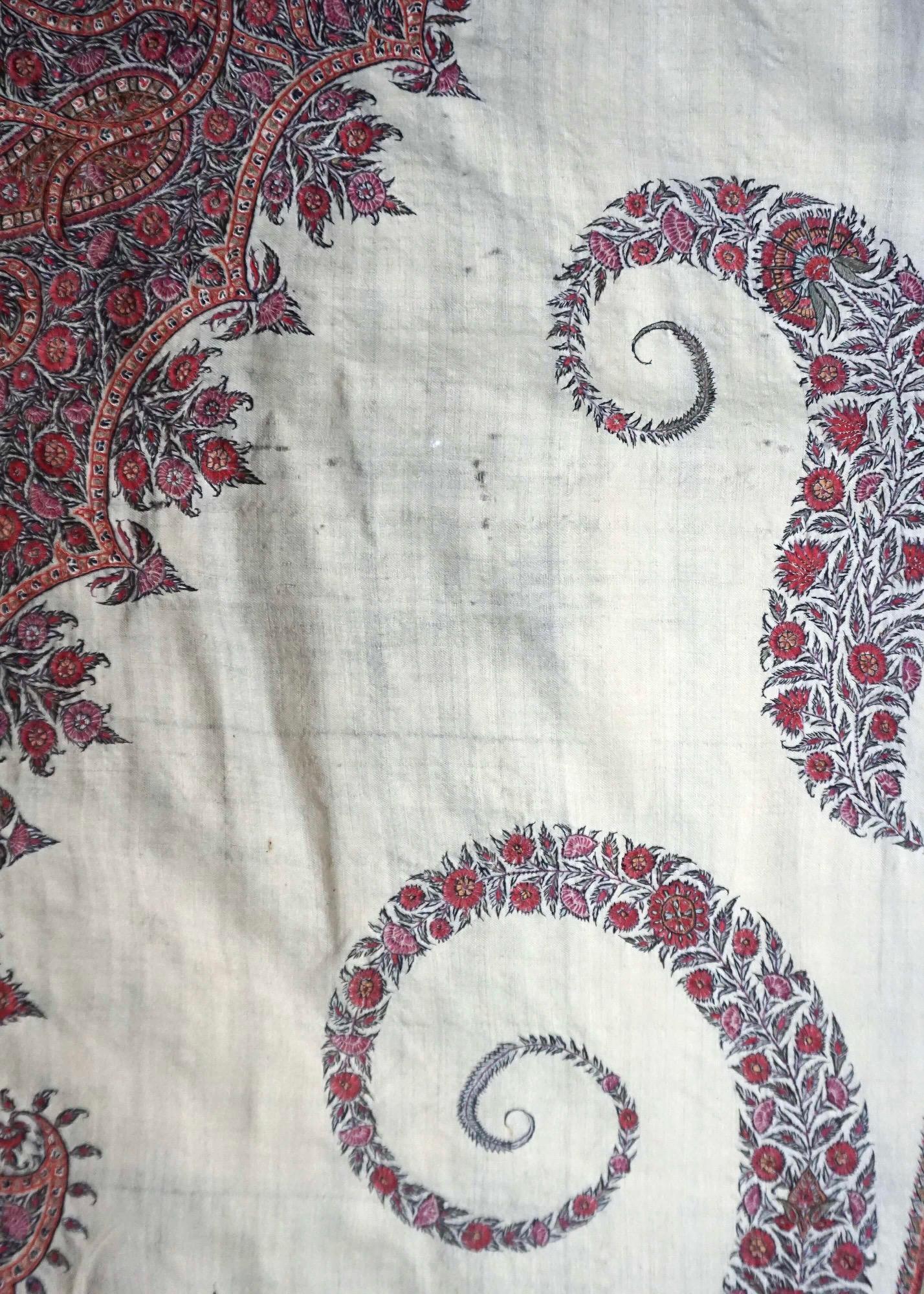 Large Persian Kerman Kashmiri Style Embroidered Linen Pateh or Panel, circa 1840 6