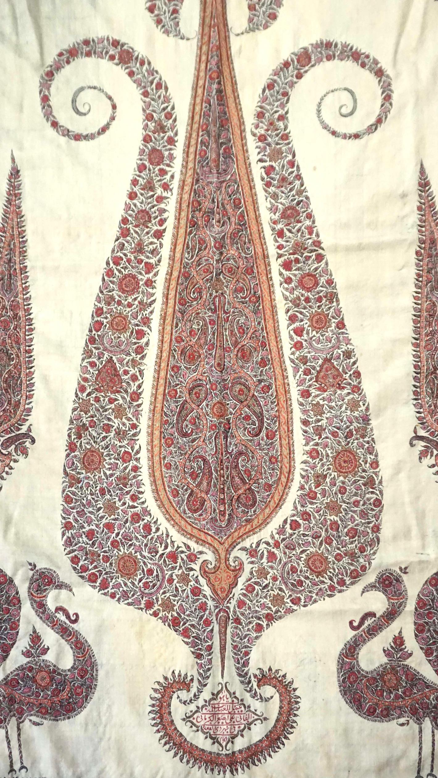 Large Persian Kerman Kashmiri Style Embroidered Linen Pateh or Panel, circa 1840 7