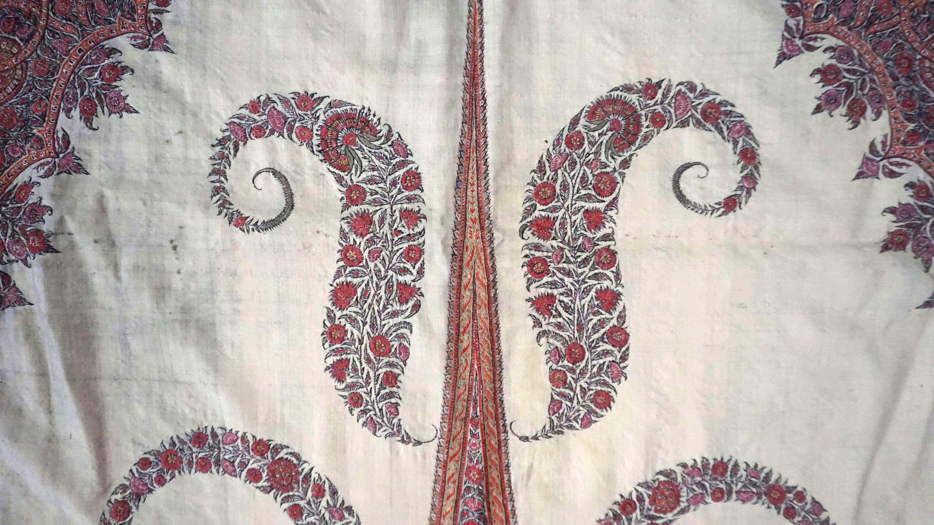 Large Persian Kerman Kashmiri Style Embroidered Linen Pateh or Panel, circa 1840 8