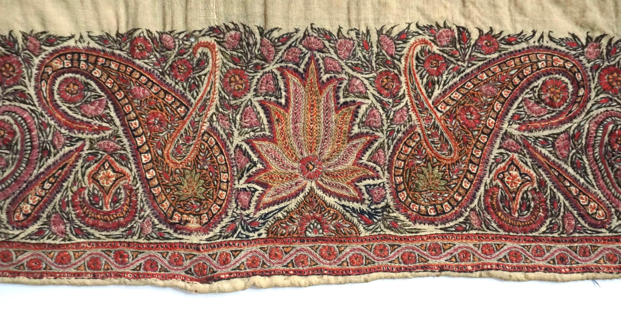 Large Persian Kerman Kashmiri Style Embroidered Linen Pateh or Panel, circa 1840 10