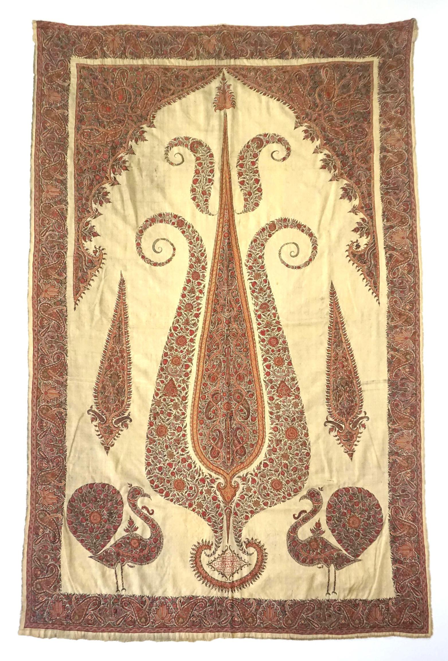 Large Persian Kerman Kashmiri Style Embroidered Linen Pateh or Panel, circa 1840 11