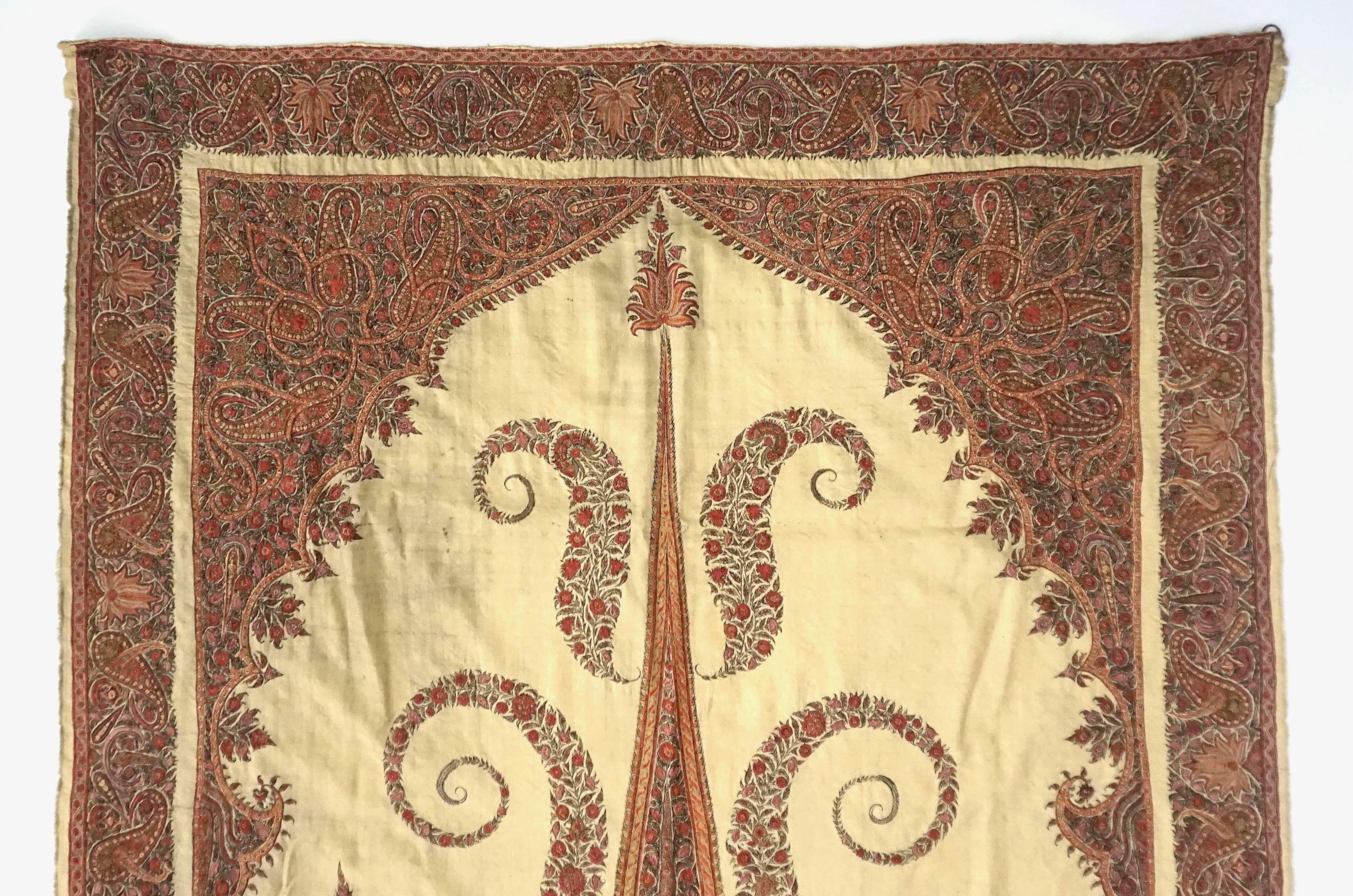 Islamic Large Persian Kerman Kashmiri Style Embroidered Linen Pateh or Panel, circa 1840