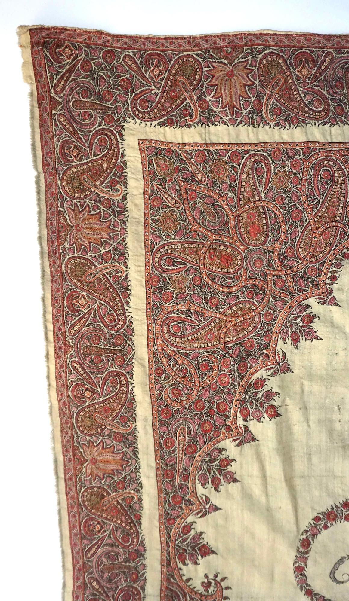 Large Persian Kerman Kashmiri Style Embroidered Linen Pateh or Panel, circa 1840 In Good Condition In Kinderhook, NY