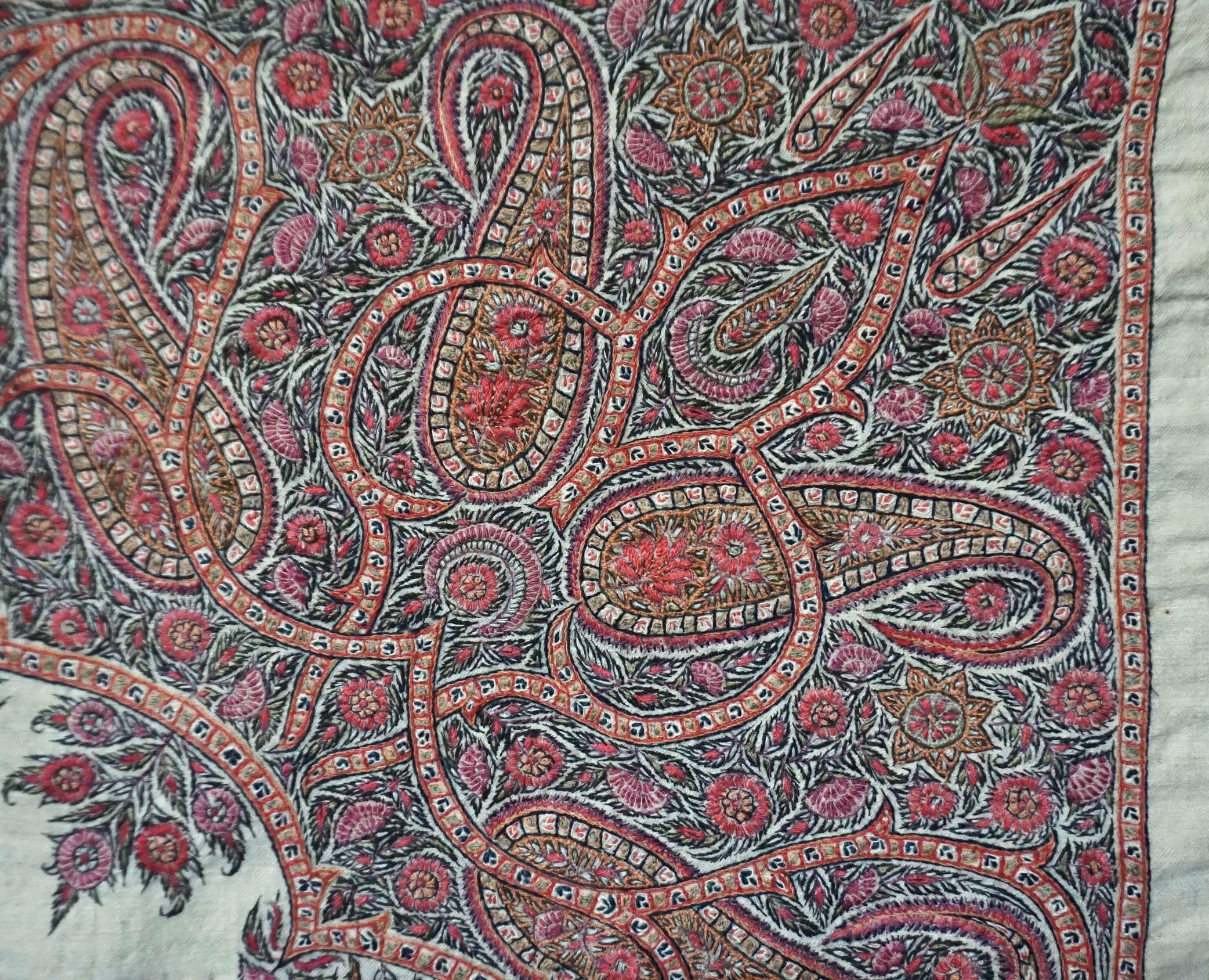 19th Century Large Persian Kerman Kashmiri Style Embroidered Linen Pateh or Panel, circa 1840