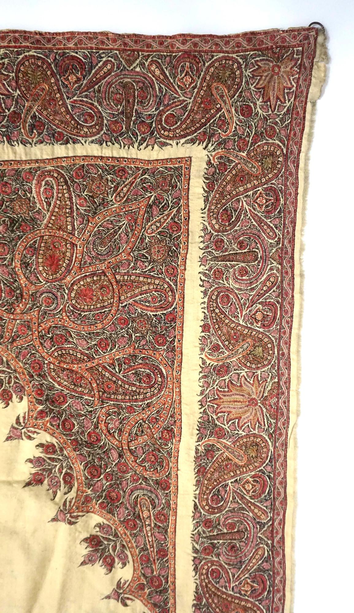 Wool Large Persian Kerman Kashmiri Style Embroidered Linen Pateh or Panel, circa 1840