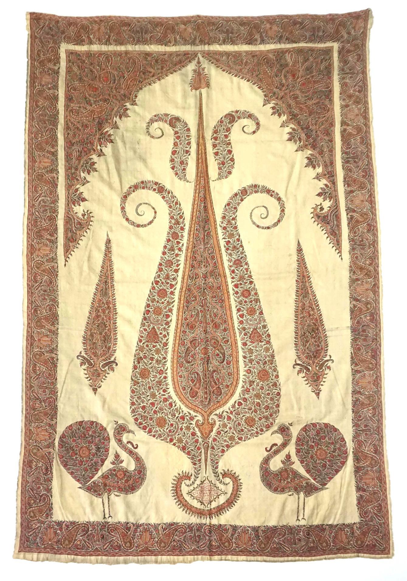 Large Persian Kerman Kashmiri Style Embroidered Linen Pateh or Panel, circa 1840 1