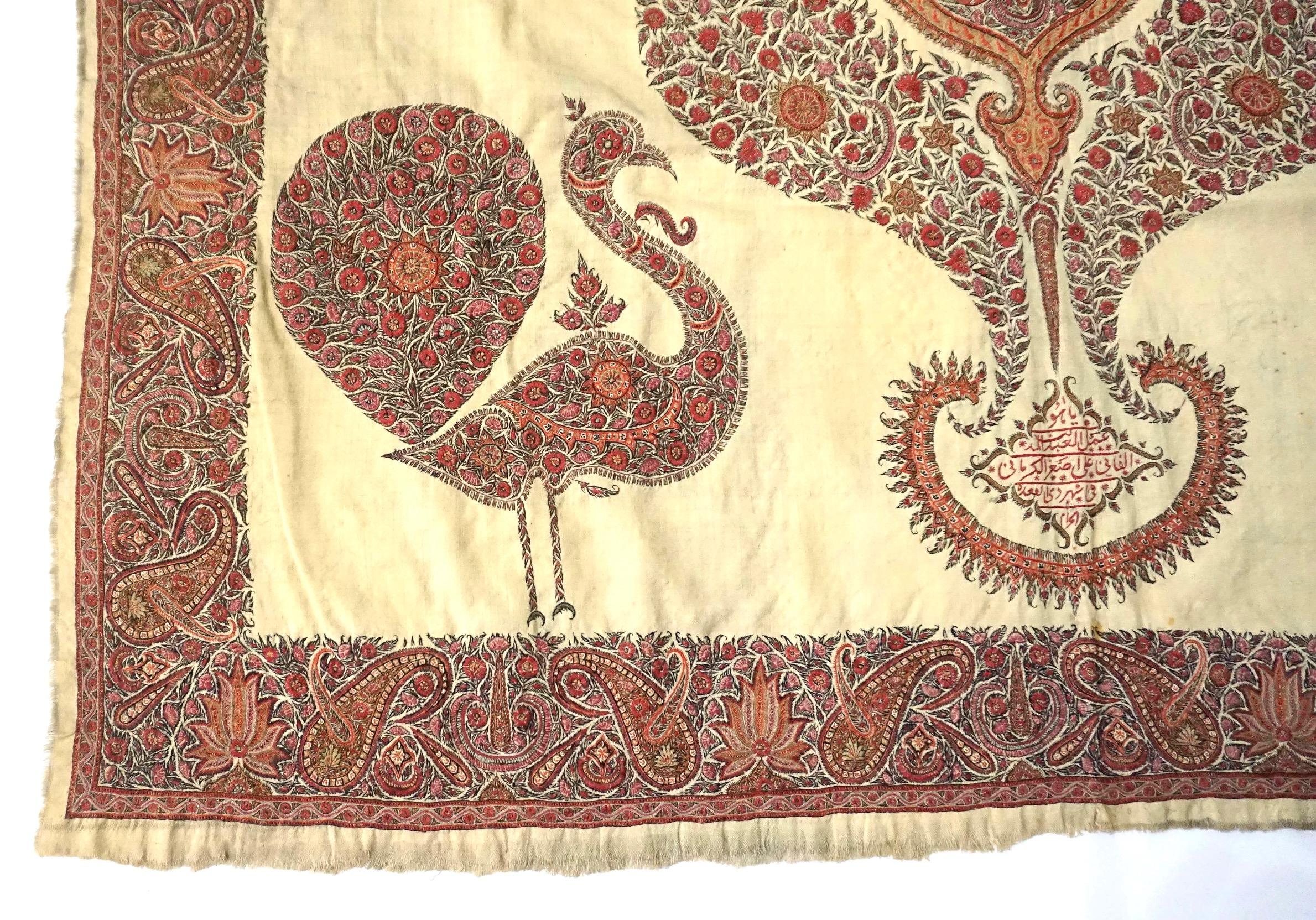 Large Persian Kerman Kashmiri Style Embroidered Linen Pateh or Panel, circa 1840 2