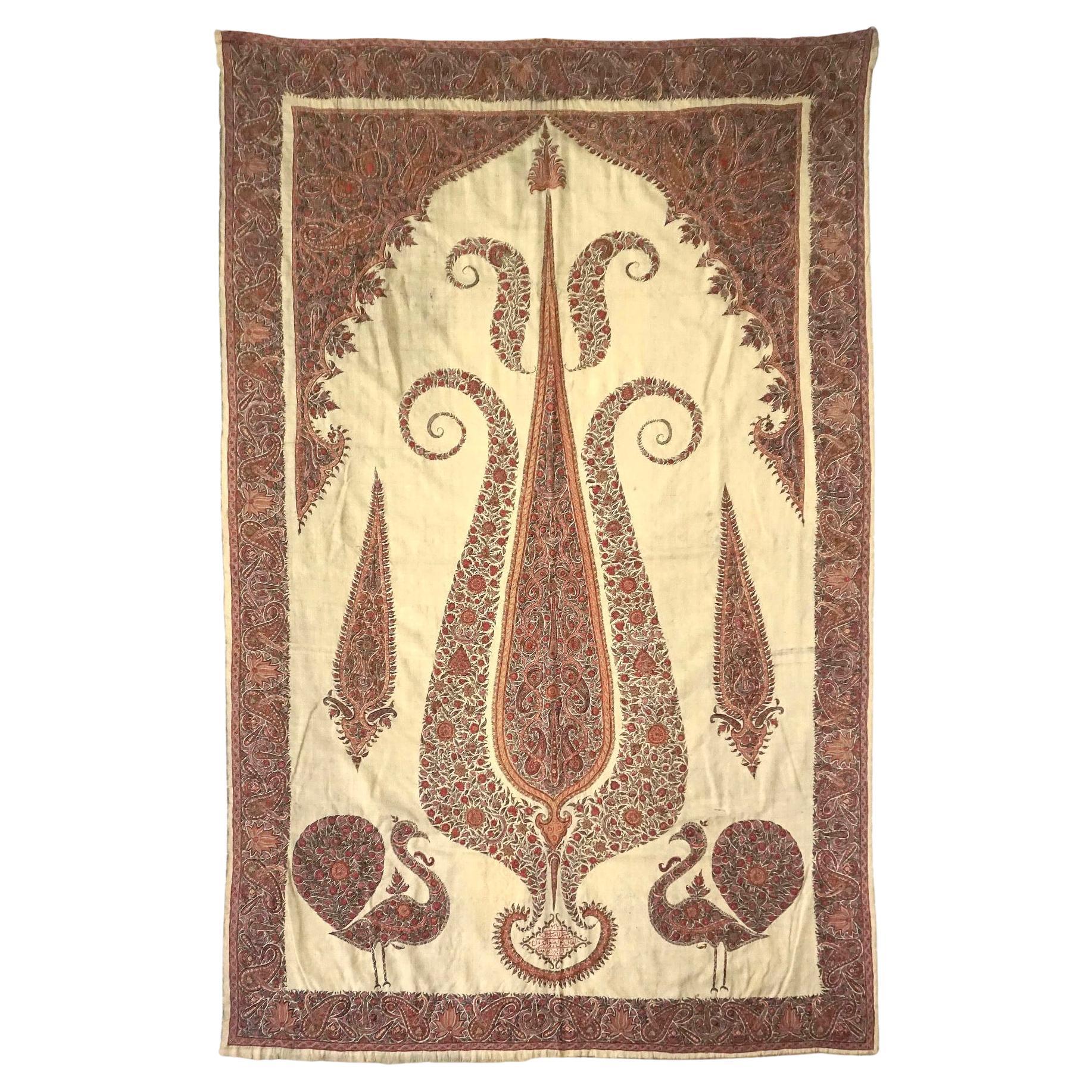 Large Persian Kerman Kashmiri Style Embroidered Linen Pateh or Panel, circa 1840