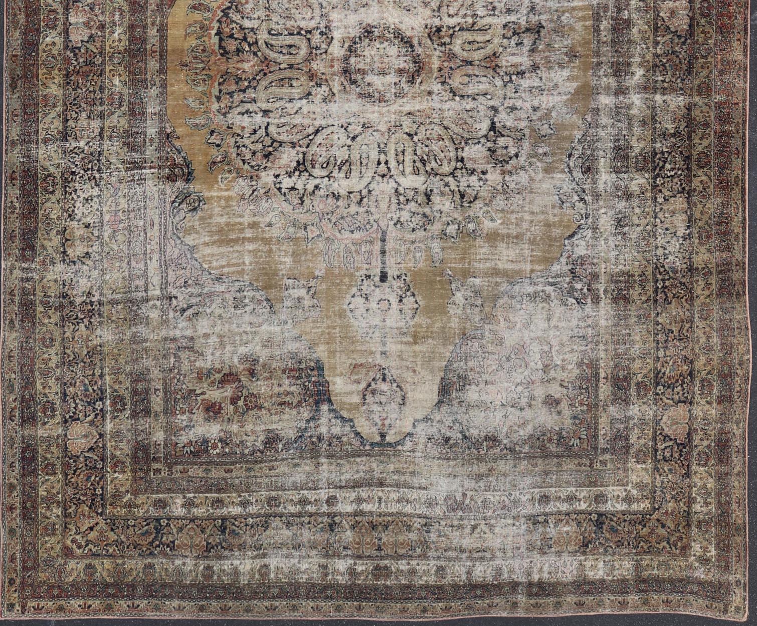 Persian Lavar Kerman Rug with Faded Camel Medallion and Ornamental Border Motifs For Sale 3