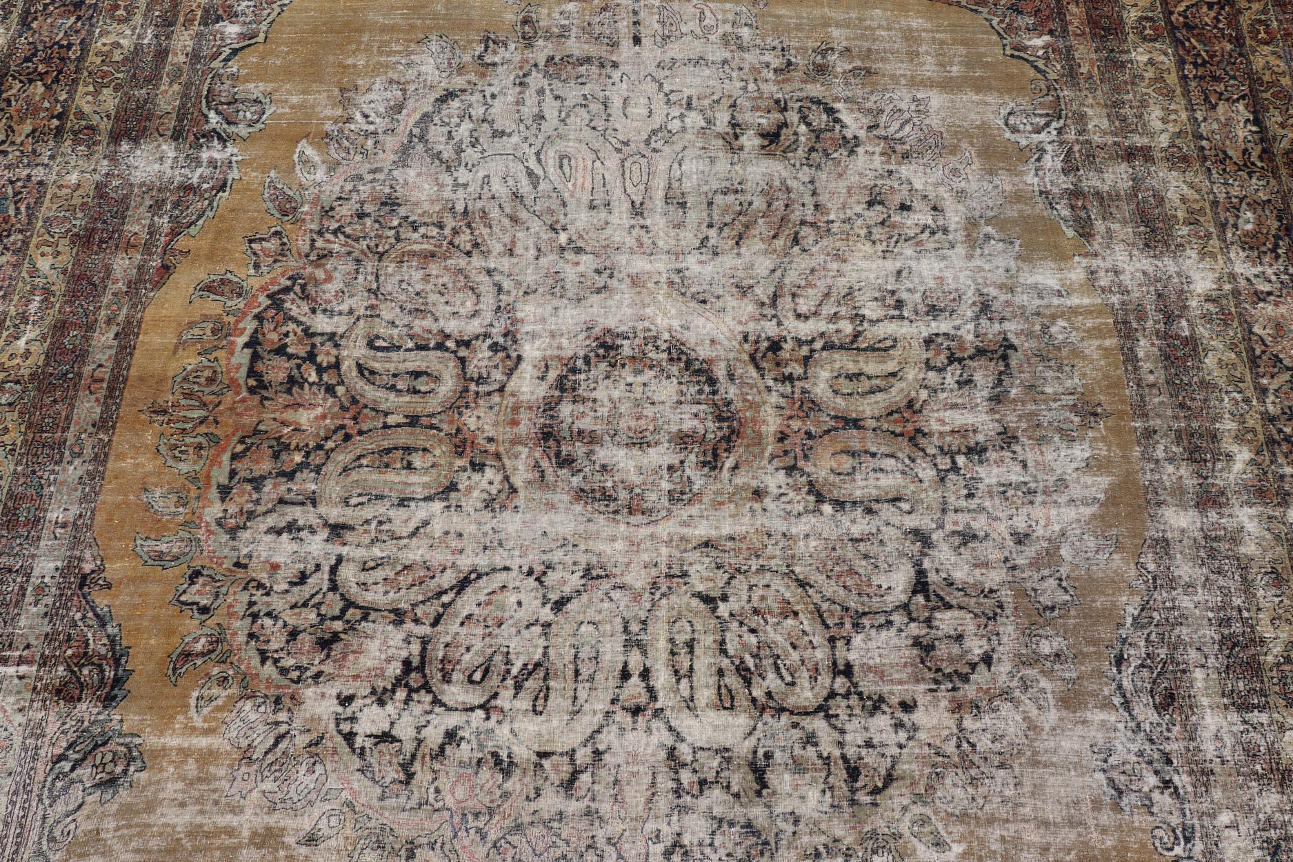 Persian Lavar Kerman Rug with Faded Camel Medallion and Ornamental Border Motifs For Sale 9