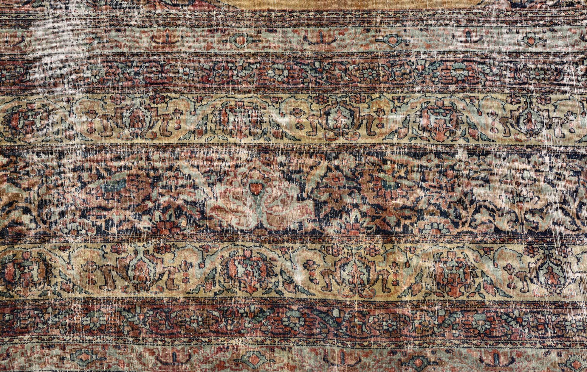 Persian Lavar Kerman Rug with Faded Camel Medallion and Ornamental Border Motifs For Sale 11