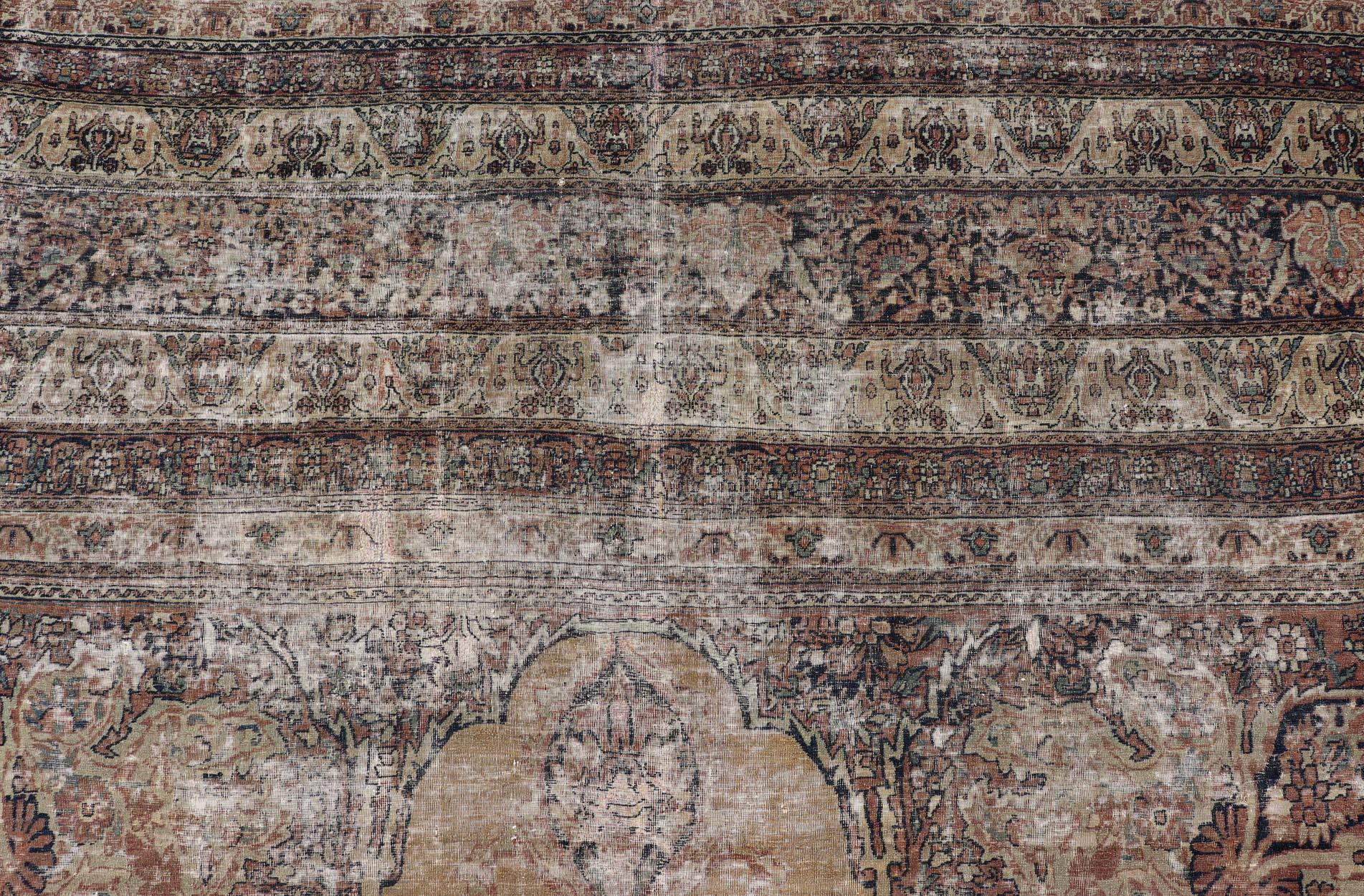 Tabriz Persian Lavar Kerman Rug with Faded Camel Medallion and Ornamental Border Motifs For Sale