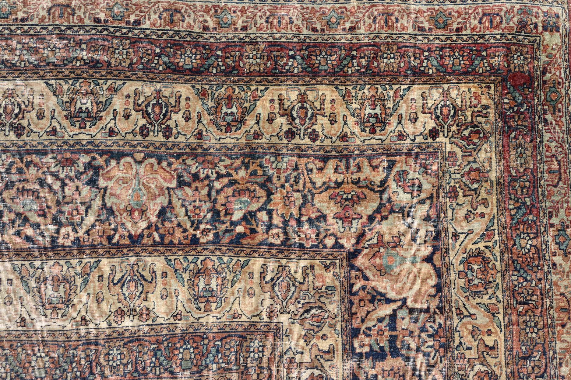 Hand-Knotted Persian Lavar Kerman Rug with Faded Camel Medallion and Ornamental Border Motifs For Sale