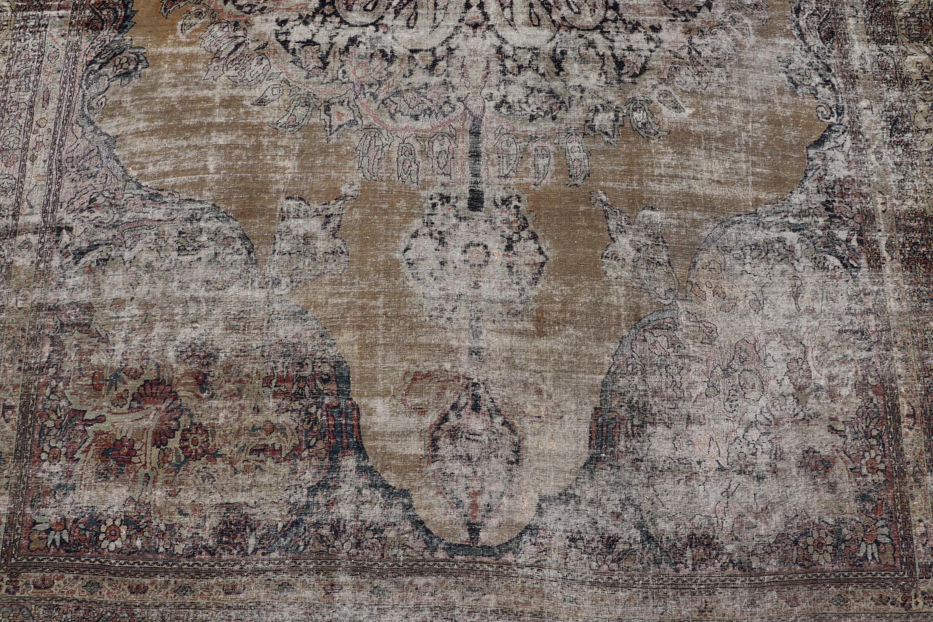 Wool Persian Lavar Kerman Rug with Faded Camel Medallion and Ornamental Border Motifs For Sale