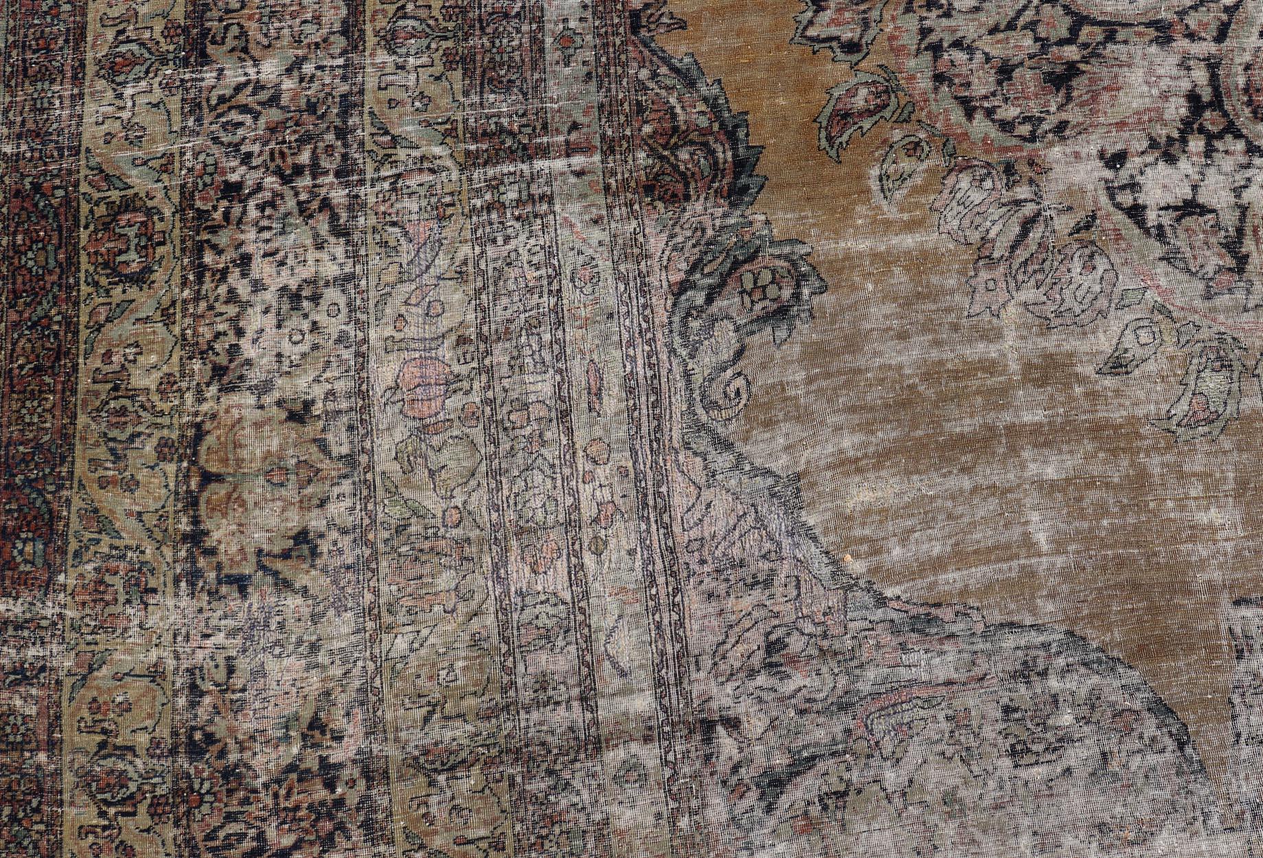 Persian Lavar Kerman Rug with Faded Camel Medallion and Ornamental Border Motifs For Sale 1