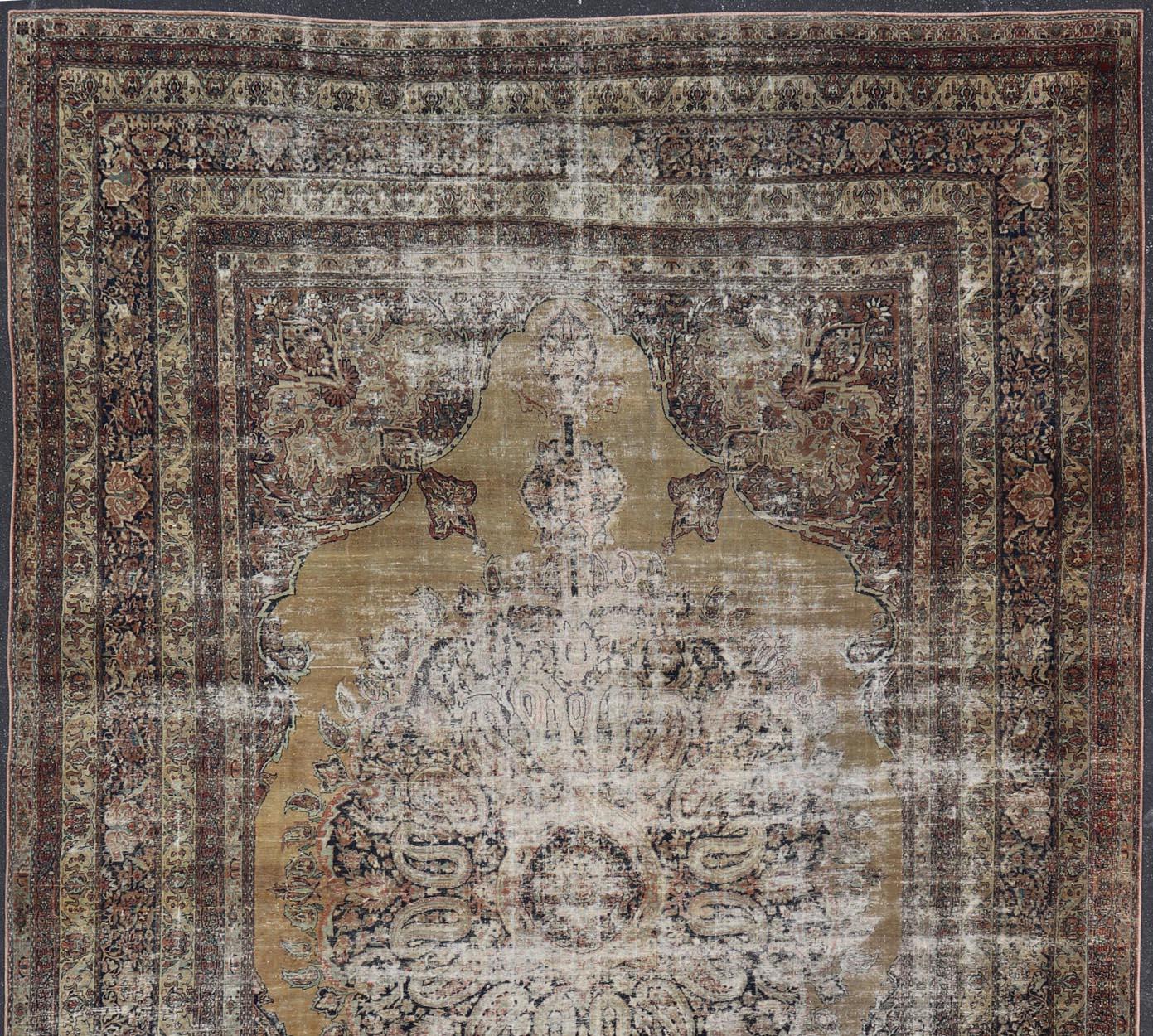 Persian Lavar Kerman Rug with Faded Camel Medallion and Ornamental Border Motifs For Sale 2