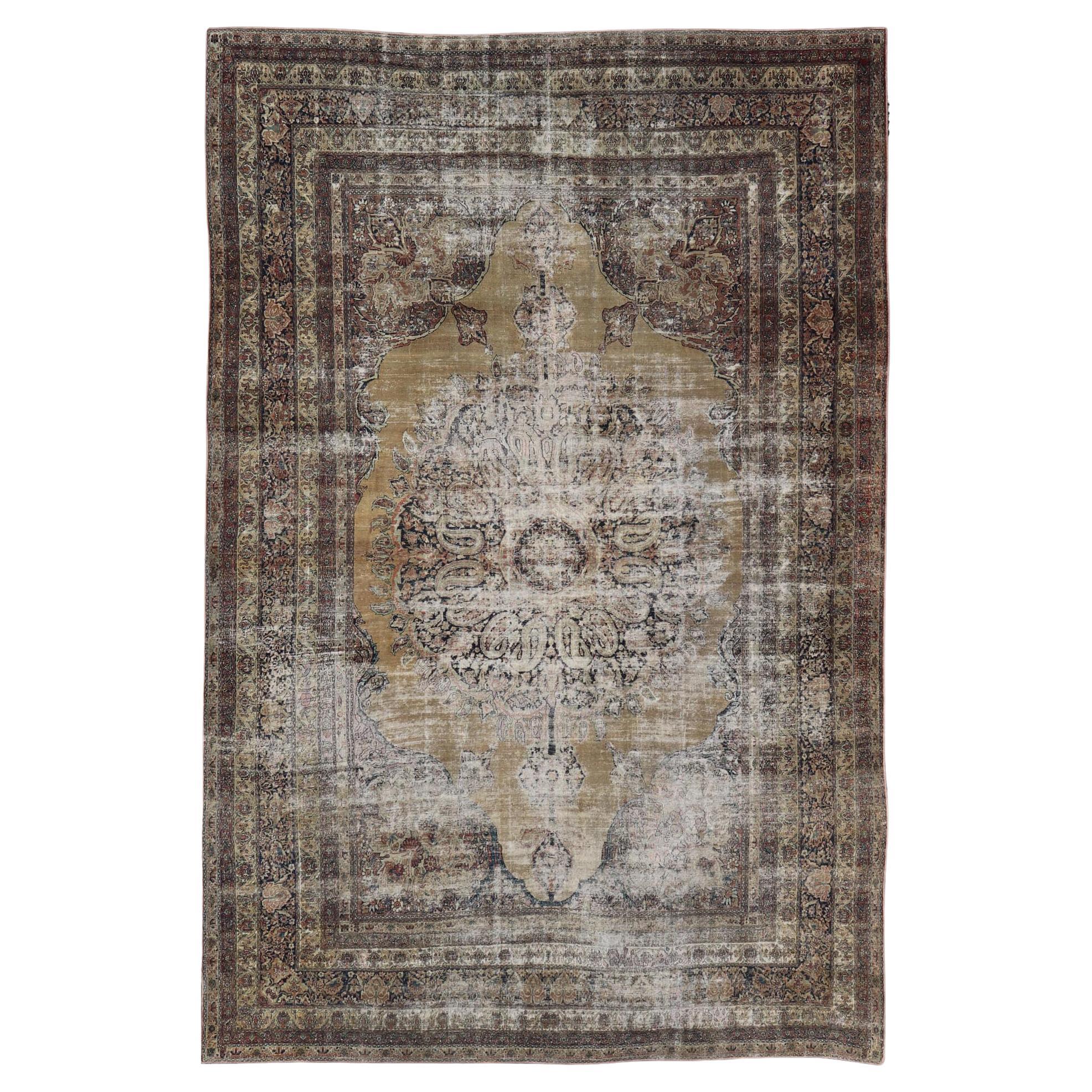 Persian Lavar Kerman Rug with Faded Camel Medallion and Ornamental Border Motifs For Sale