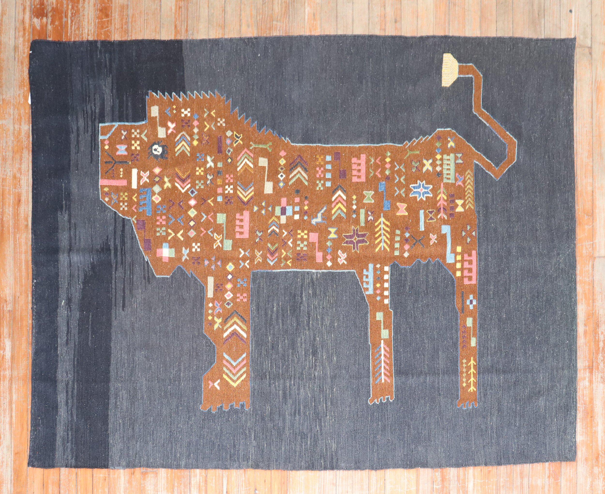 Accent size Persian Kilim from the late 20th century with a lion sitting on a striated black grey field.

Measures: 5'1'' x 6'5''.

This was originally belonging to a private Persian collector who requested to make a custom collection of