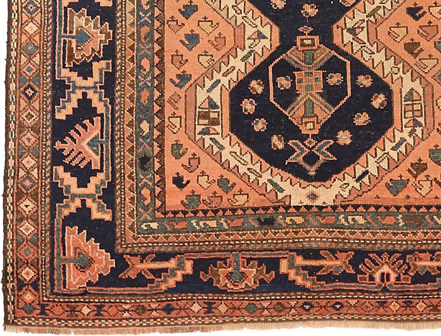 Asian Persian Lori Small Rug - Wool Ivory Navy Blue Pink 71518 For Sale