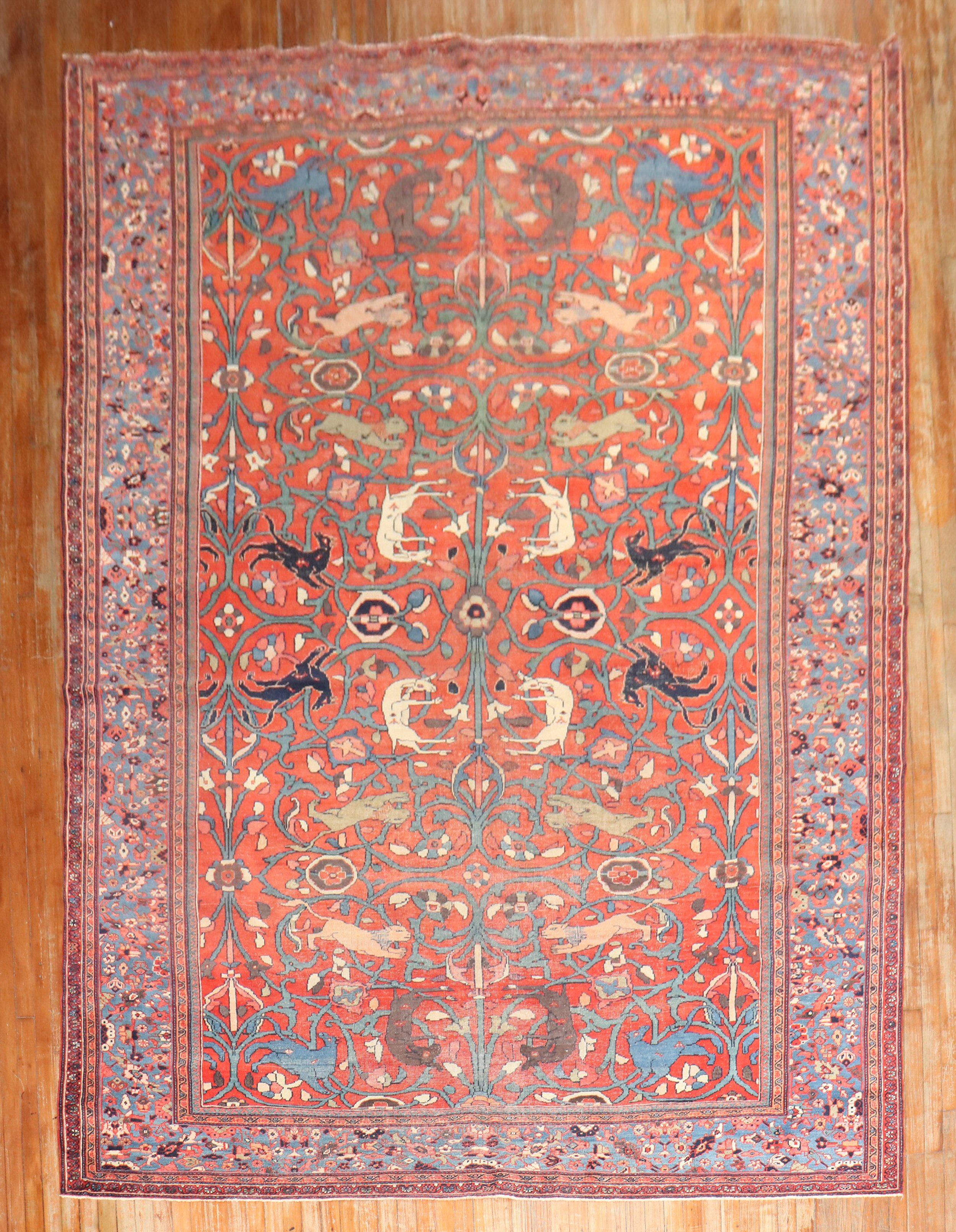Room-size Persian Mahal rug with a Pictorial Animal all-over Pattern from the 1st quarter of the 20th century

Measures: 8'6'' x 13'5''.
