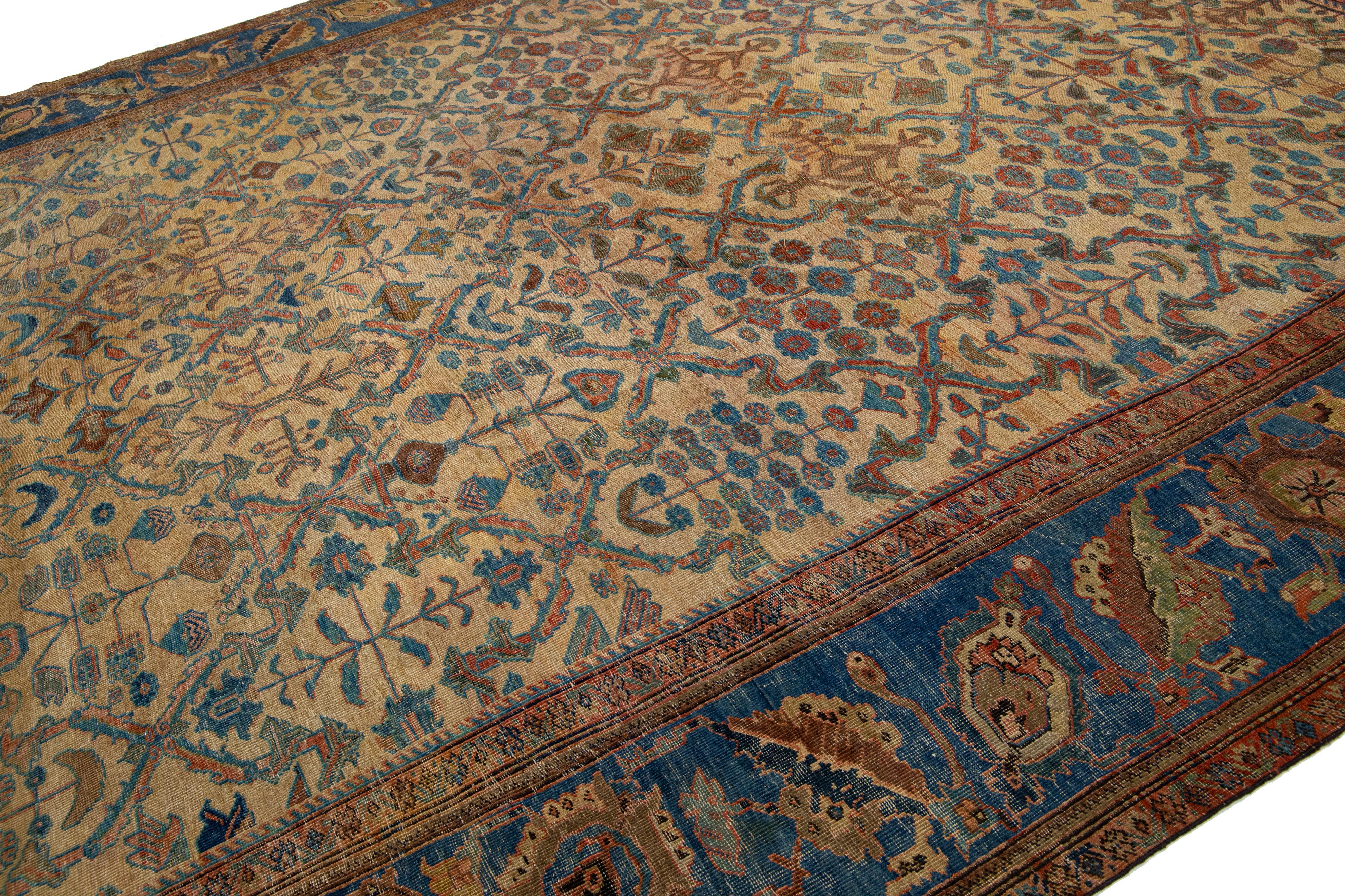 Persiano Tappeto persiano Mahal antico in lana marrone con motivo alllover del 1890 in vendita