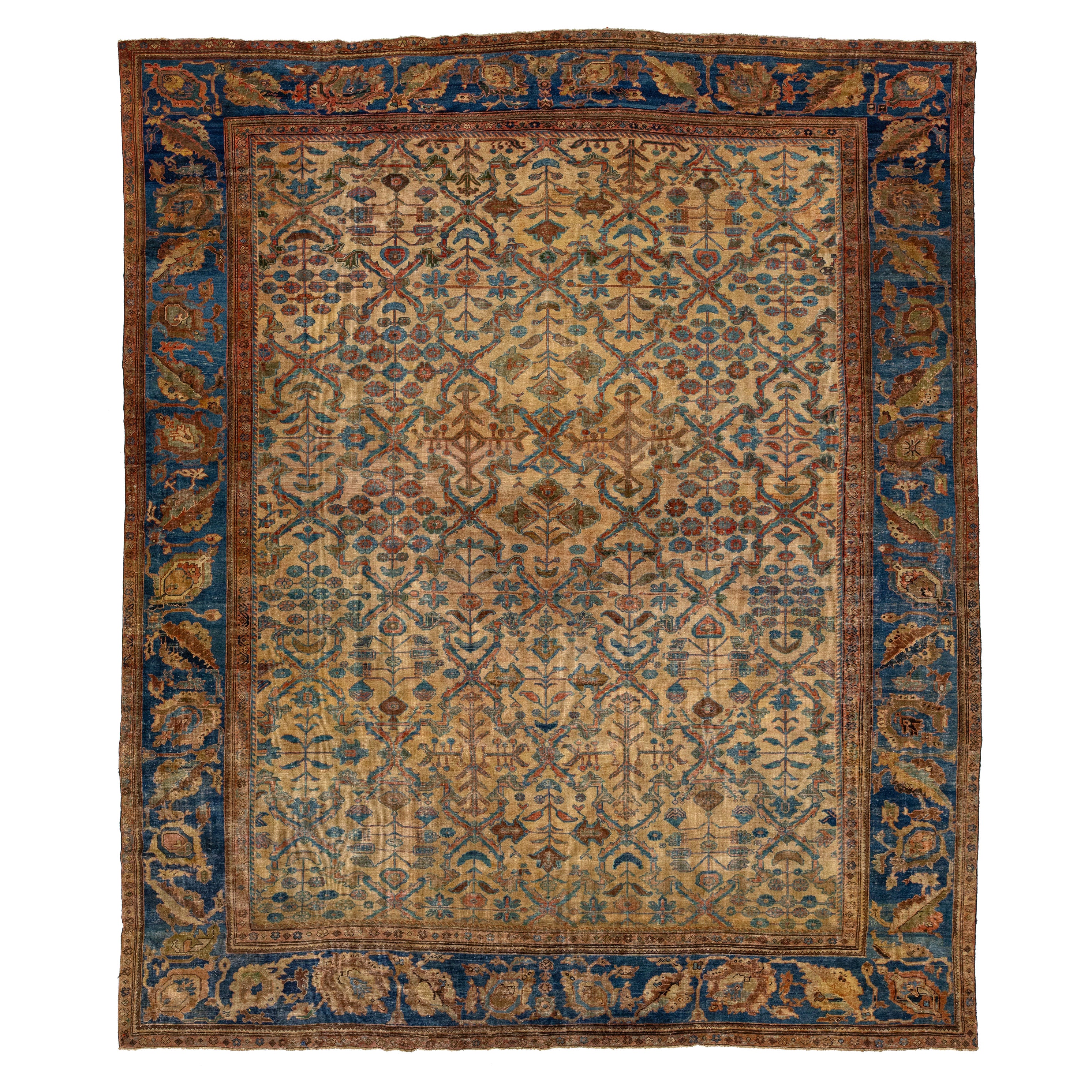 Tappeto persiano Mahal antico in lana marrone con motivo alllover del 1890 in vendita