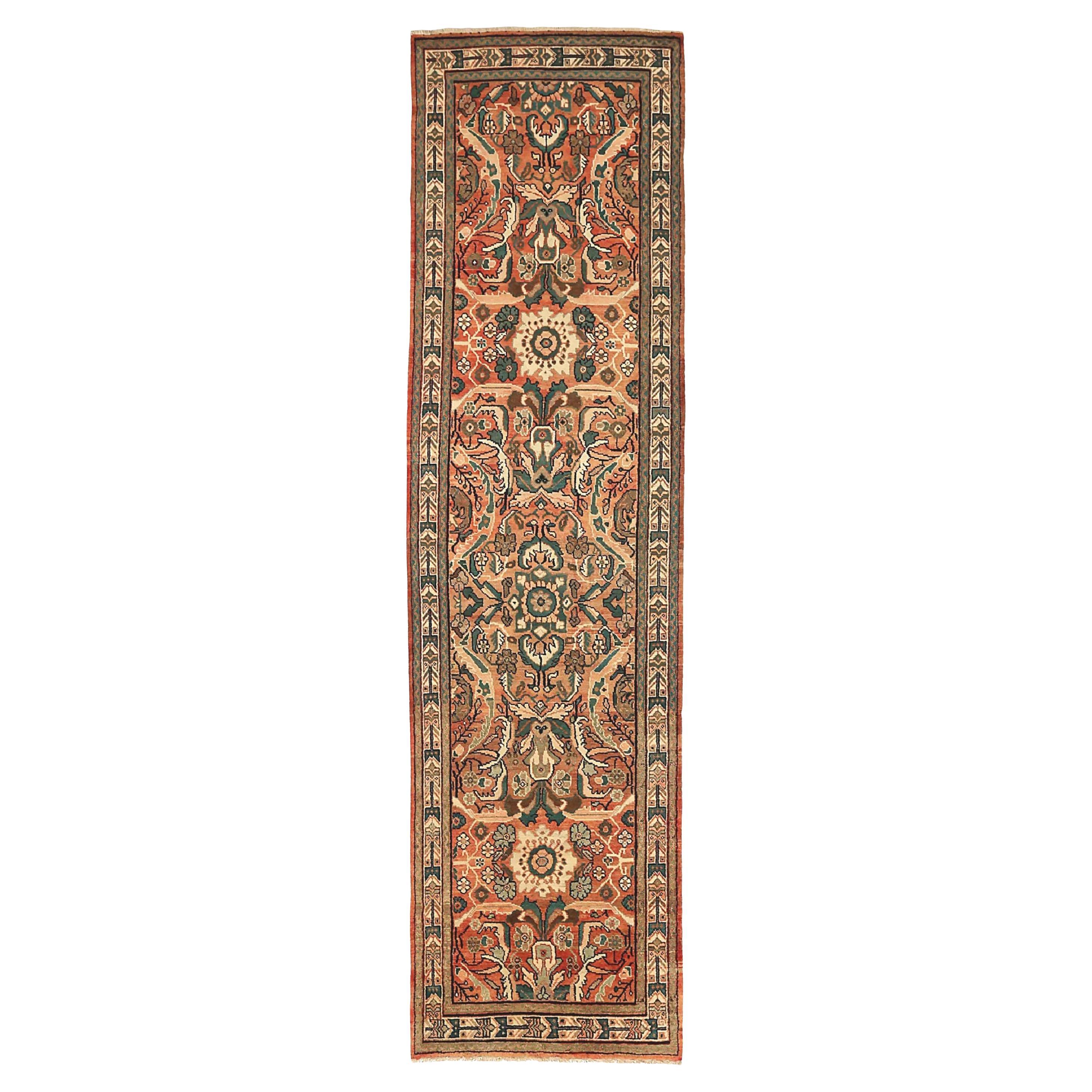 Persischer Mahal-Läufer aus Wolle in Grün, Elfenbein, Elfenbein und Rosa 71404