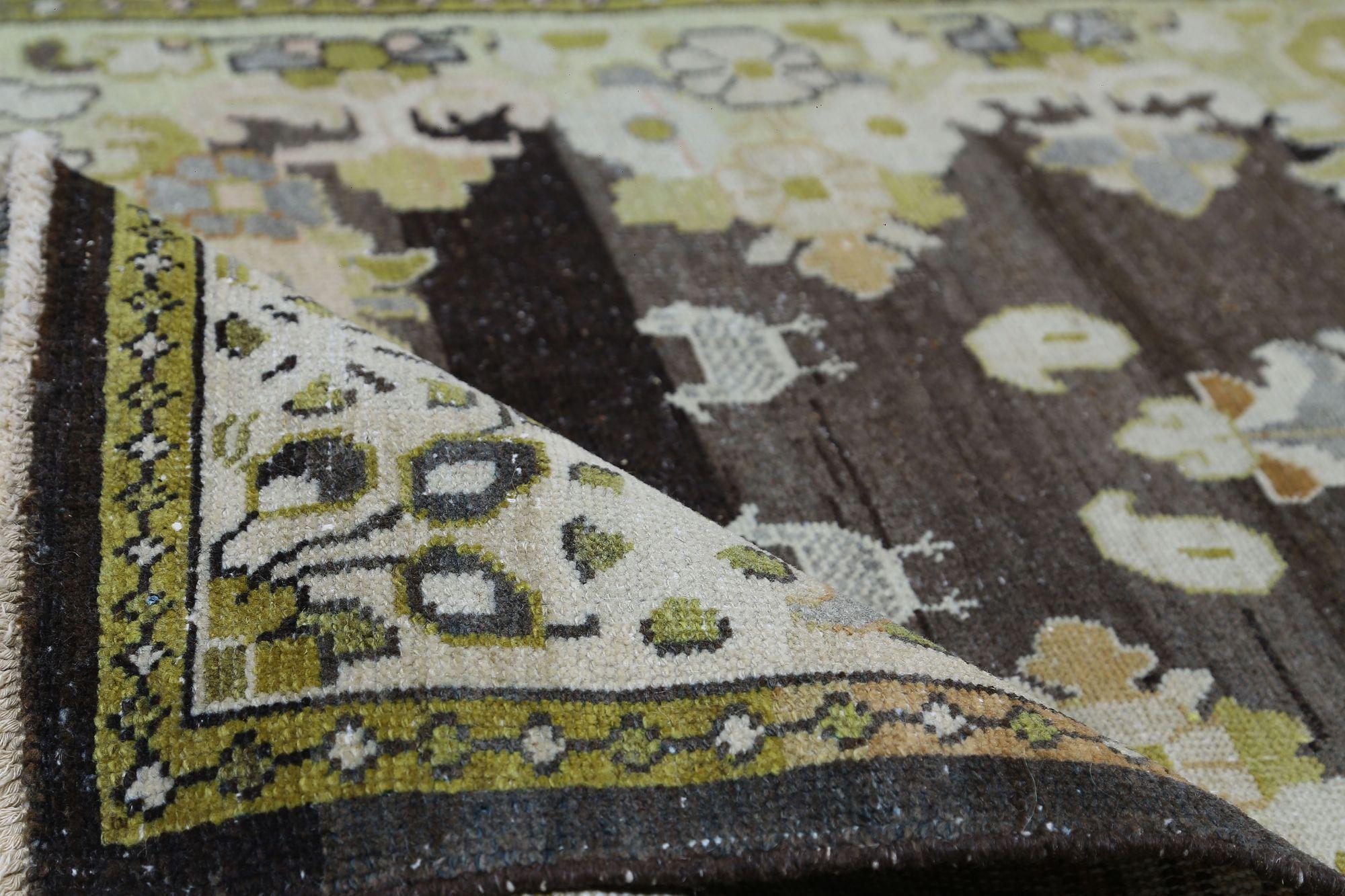 XX secolo Persian Mahal Runner Rug - Wool Brown Green Ivory Design - 97122 in vendita