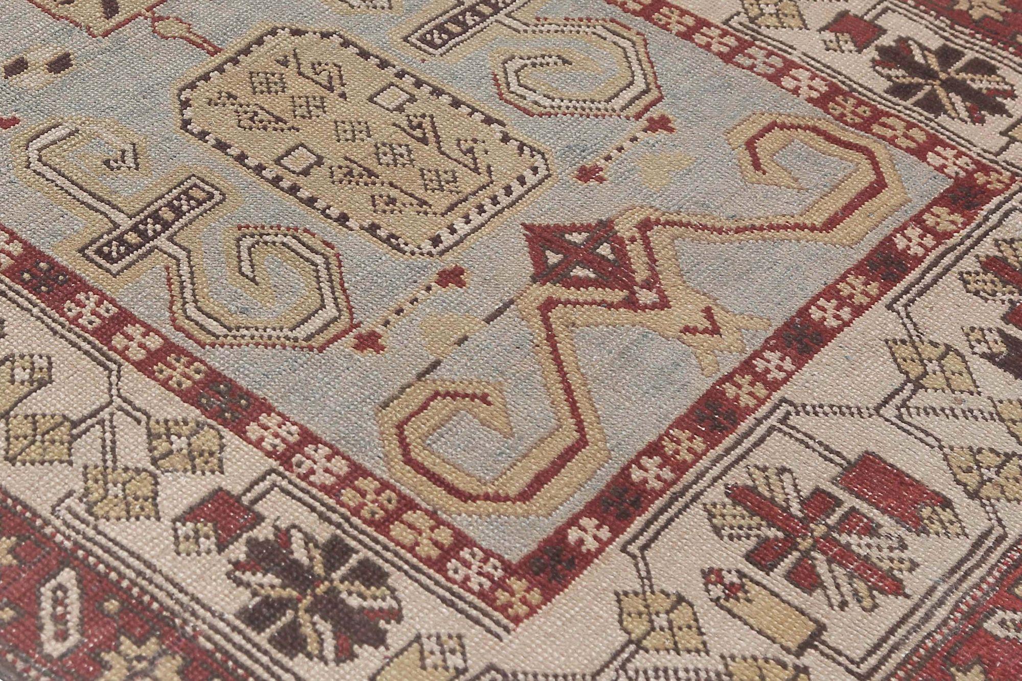 Persischer Mahal-Läufer - Wolle Elfenbein Hellblau Rot Design - 97649 (Irakisch) im Angebot