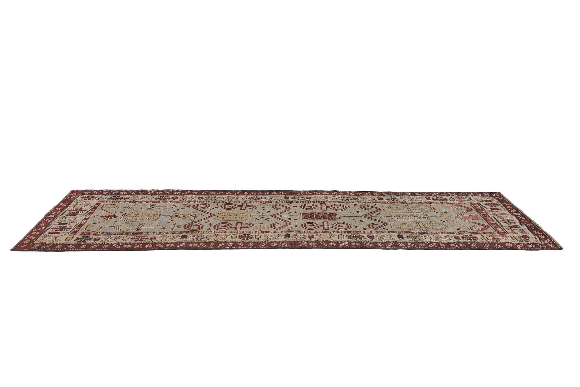 Persischer Mahal-Läufer - Wolle Elfenbein Hellblau Rot Design - 97649 (20. Jahrhundert) im Angebot