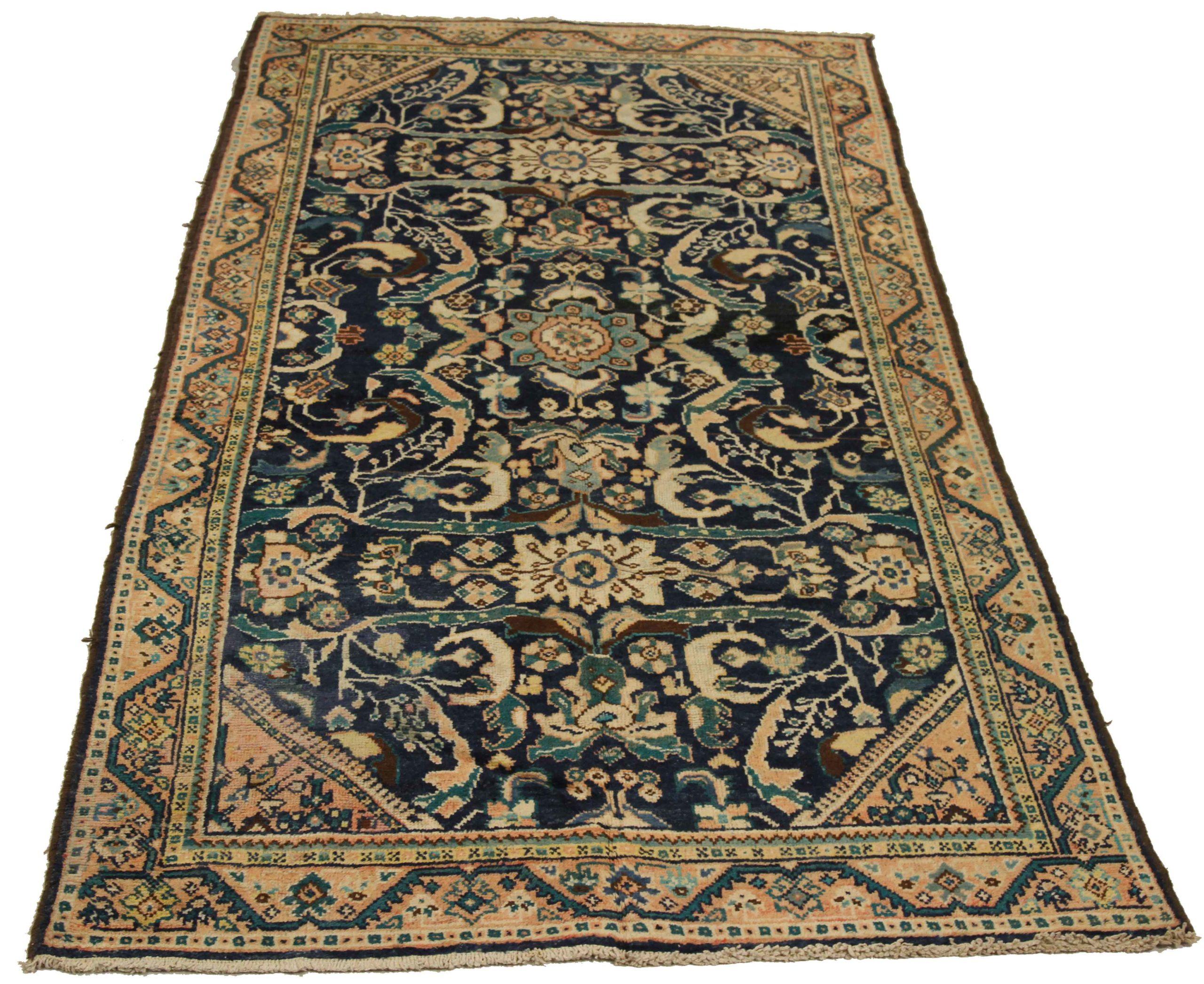 Entdecken Sie die Eleganz des persischen Mahal mit dem kleinen Teppich CIRCA 1880. Dieses exklusive Design aus Wolle und Blau-Elfenbein eignet sich perfekt, um Ihren Raum zu verschönern.