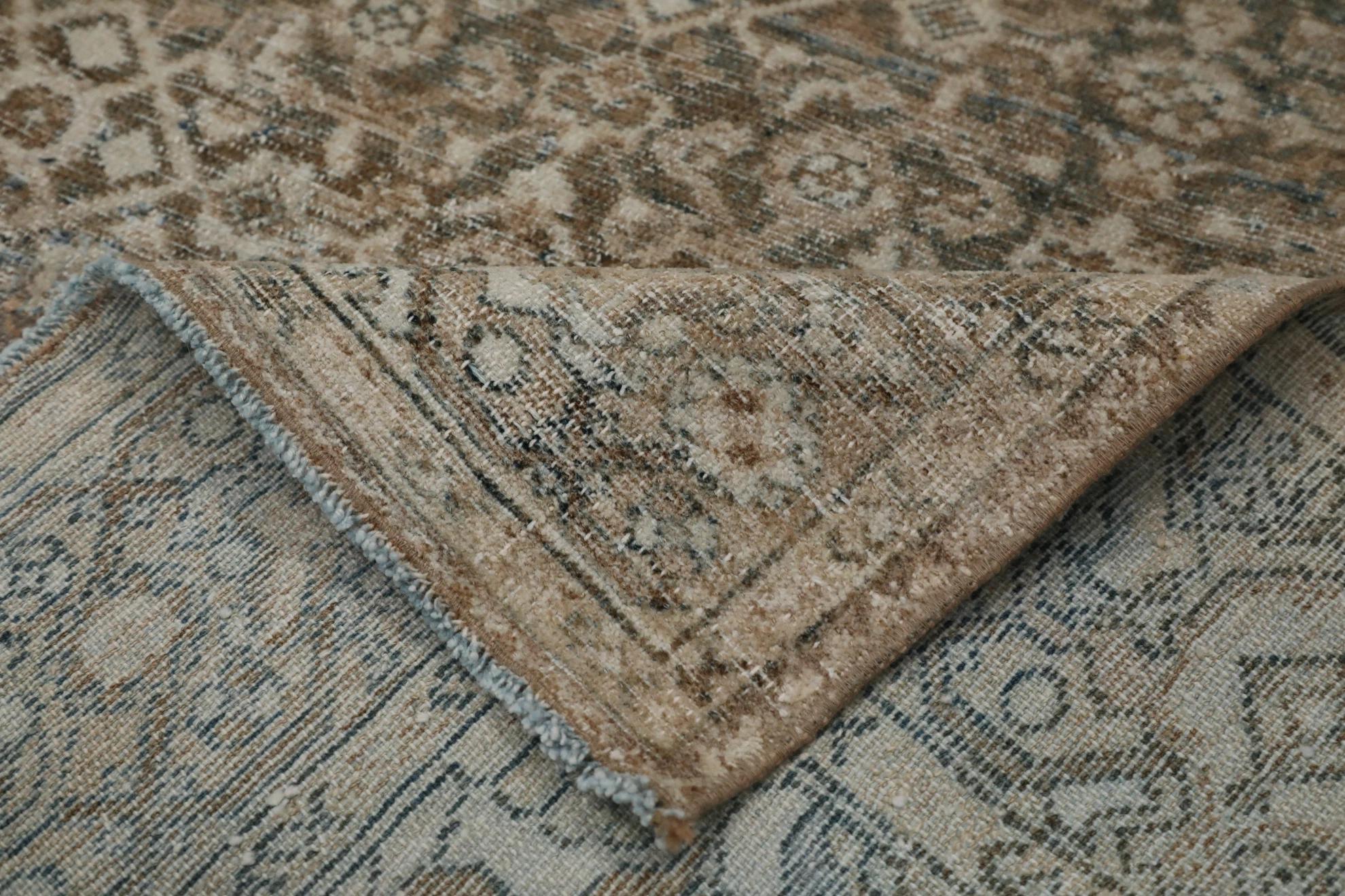 Persischer Mahal Kleiner Teppich CIRCA 1880 - Wolle Braun Elfenbein Taupe Design - 99567 im Zustand „Starke Gebrauchsspuren“ im Angebot in Dallas, TX