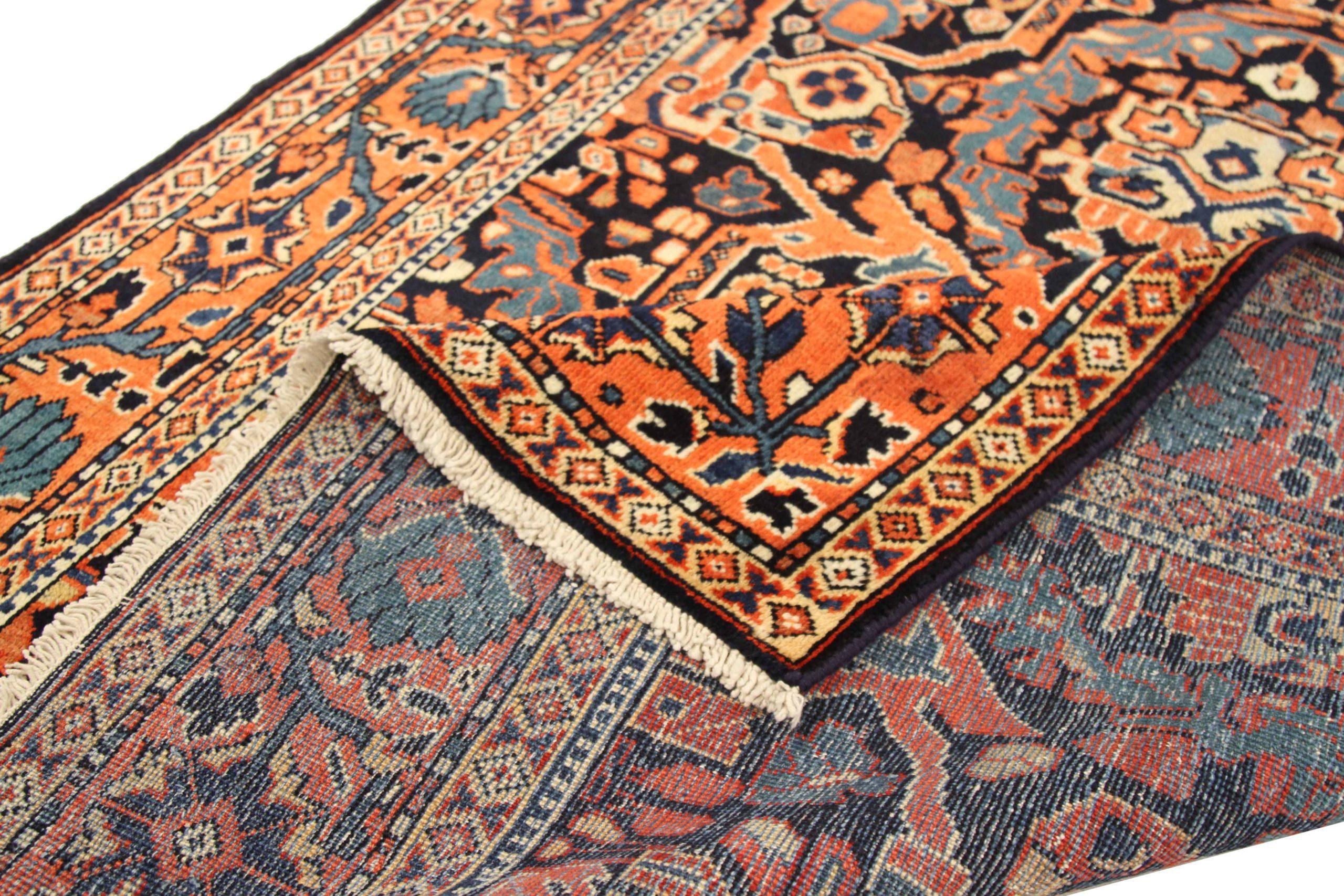 Alfombra Persa Mahal Small - Lana Marfil Azul Marino Naranja Design - 75088 Asiático en venta