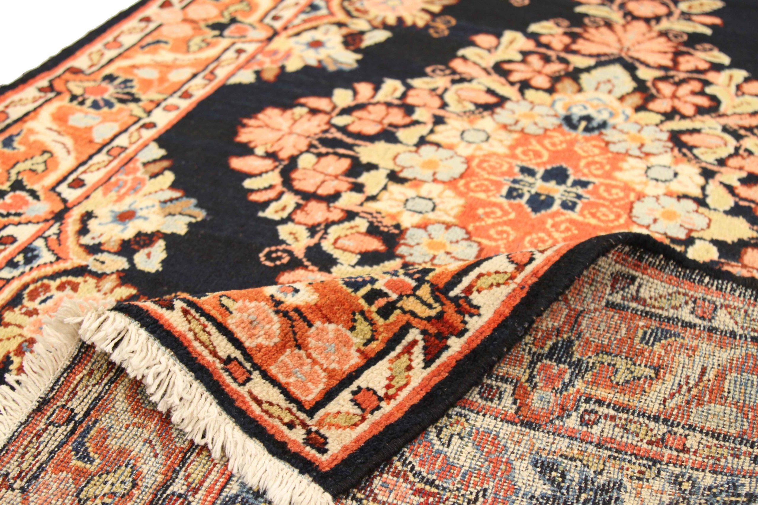 Asiatico Tappeto Persiano Mahal Small - Lana Avorio Blu Navy Rosa 75009 in vendita