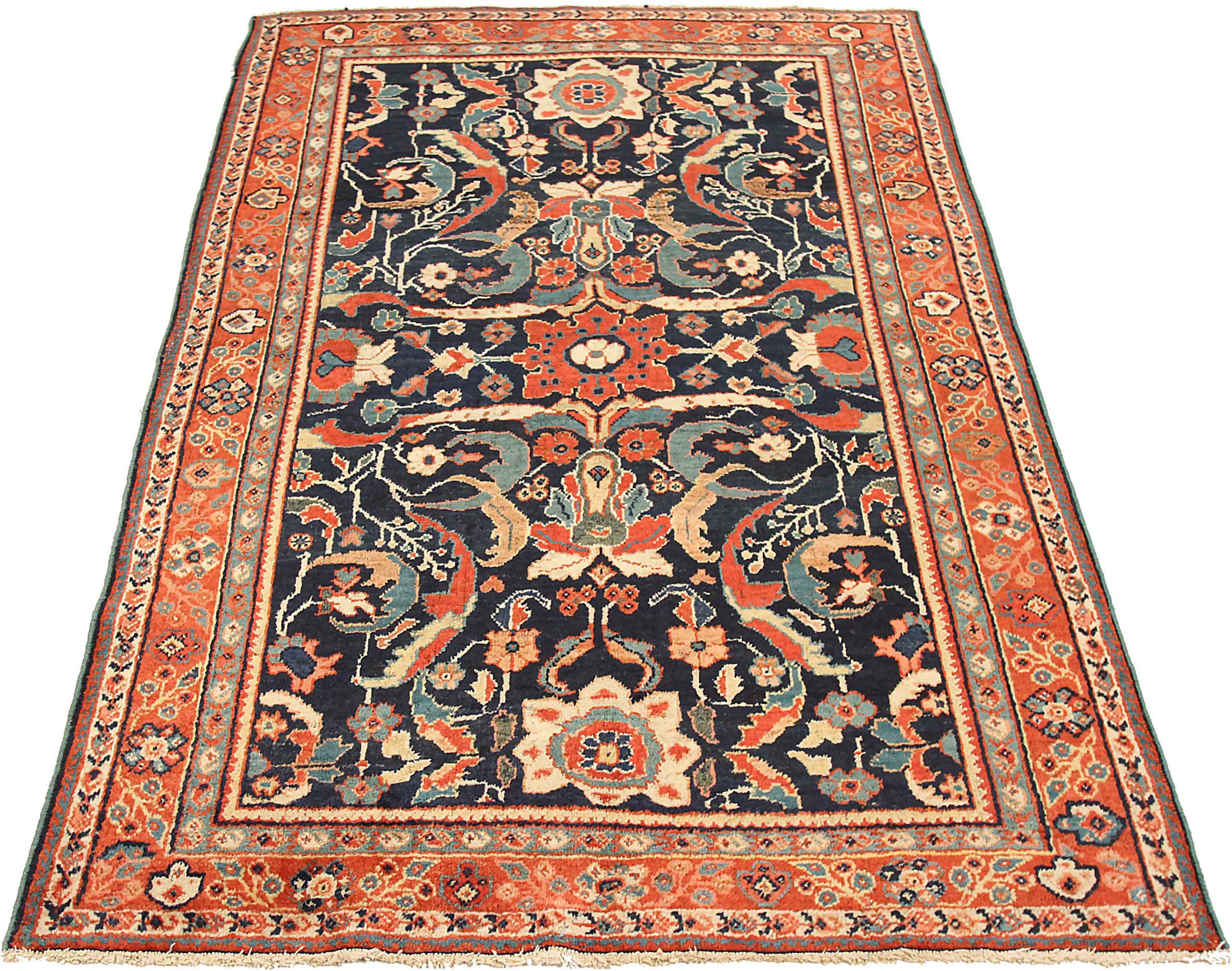 Entdecken Sie die Eleganz des persischen Mahal mit dem kleinen Teppich CIRCA 1880. Dieses exklusive Design aus Wolle und ElfenbeinMarineblauRot ist perfekt, um Ihren Raum zu verschönern.