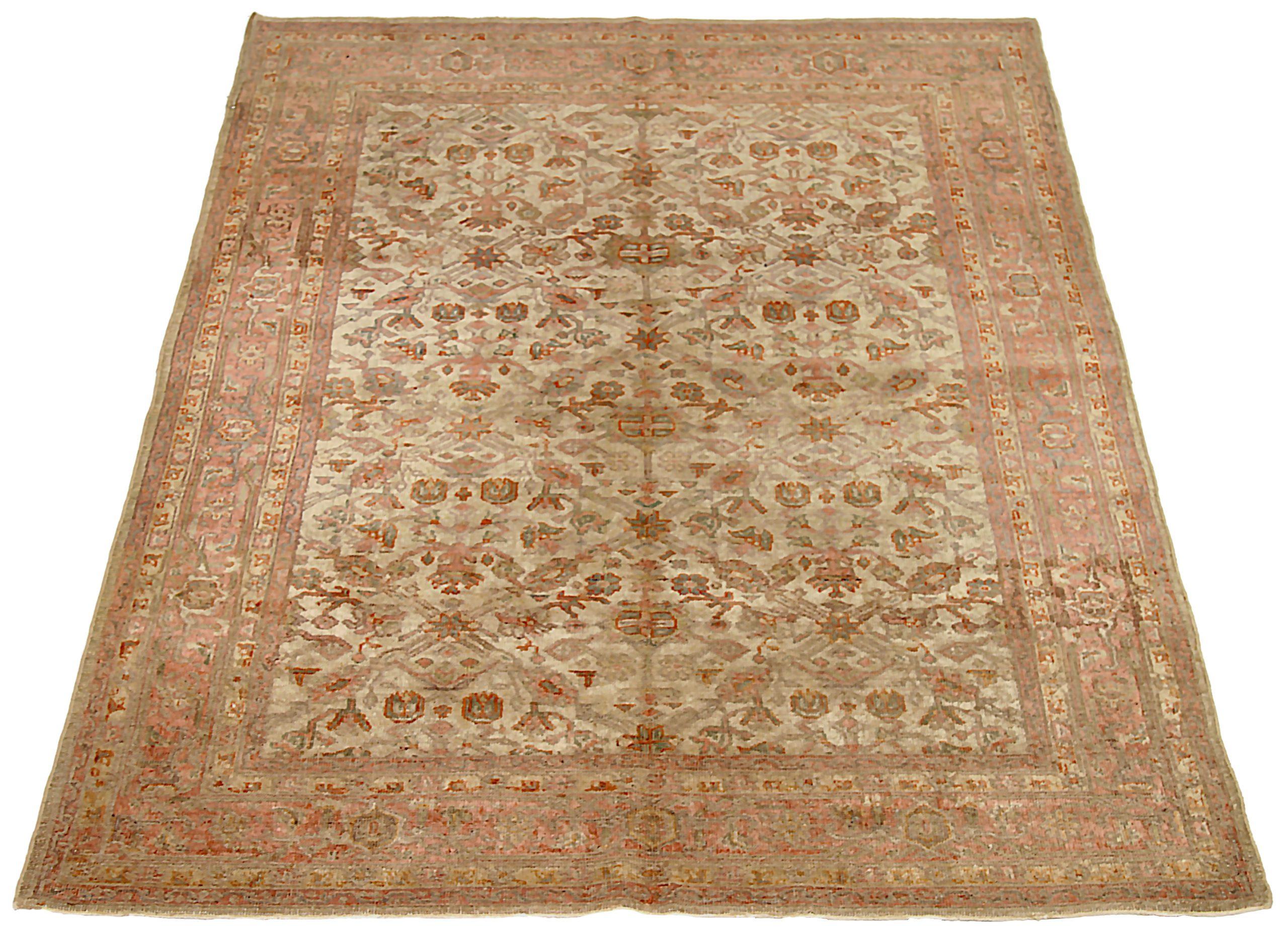 Entdecken Sie die Eleganz des persischen Mahal mit dem kleinen Teppich CIRCA 1880. Dieses exklusive Design aus Wolle und Elfenbeinrosa ist perfekt, um Ihren Raum zu verschönern.
