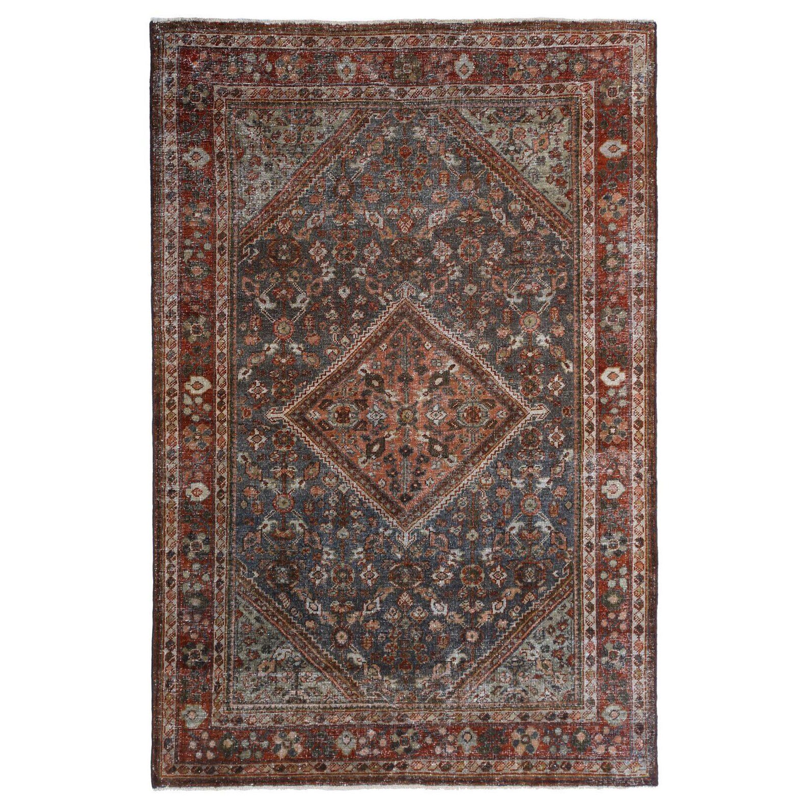 Petit tapis persan Mahal en laine bleu marine et rouge - 97116