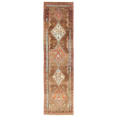 Persian Malayer Antique Runner with Tribal Design in Ivory, Brown, Burnt Orange
