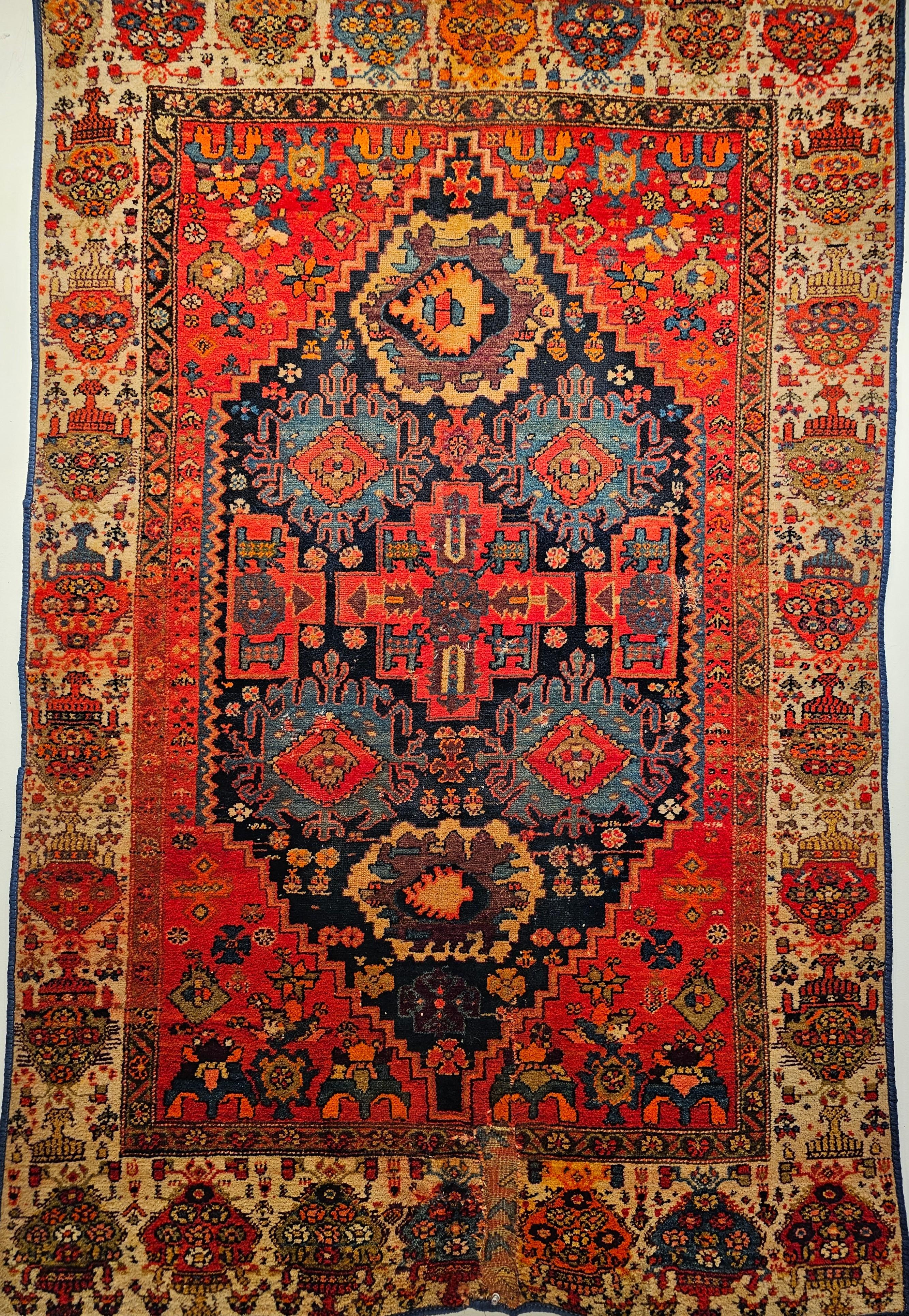 Hand-Knotted Vintage Persian Malayer Area Rug in Allover Geometric Design in Red, Blue, Ivory For Sale