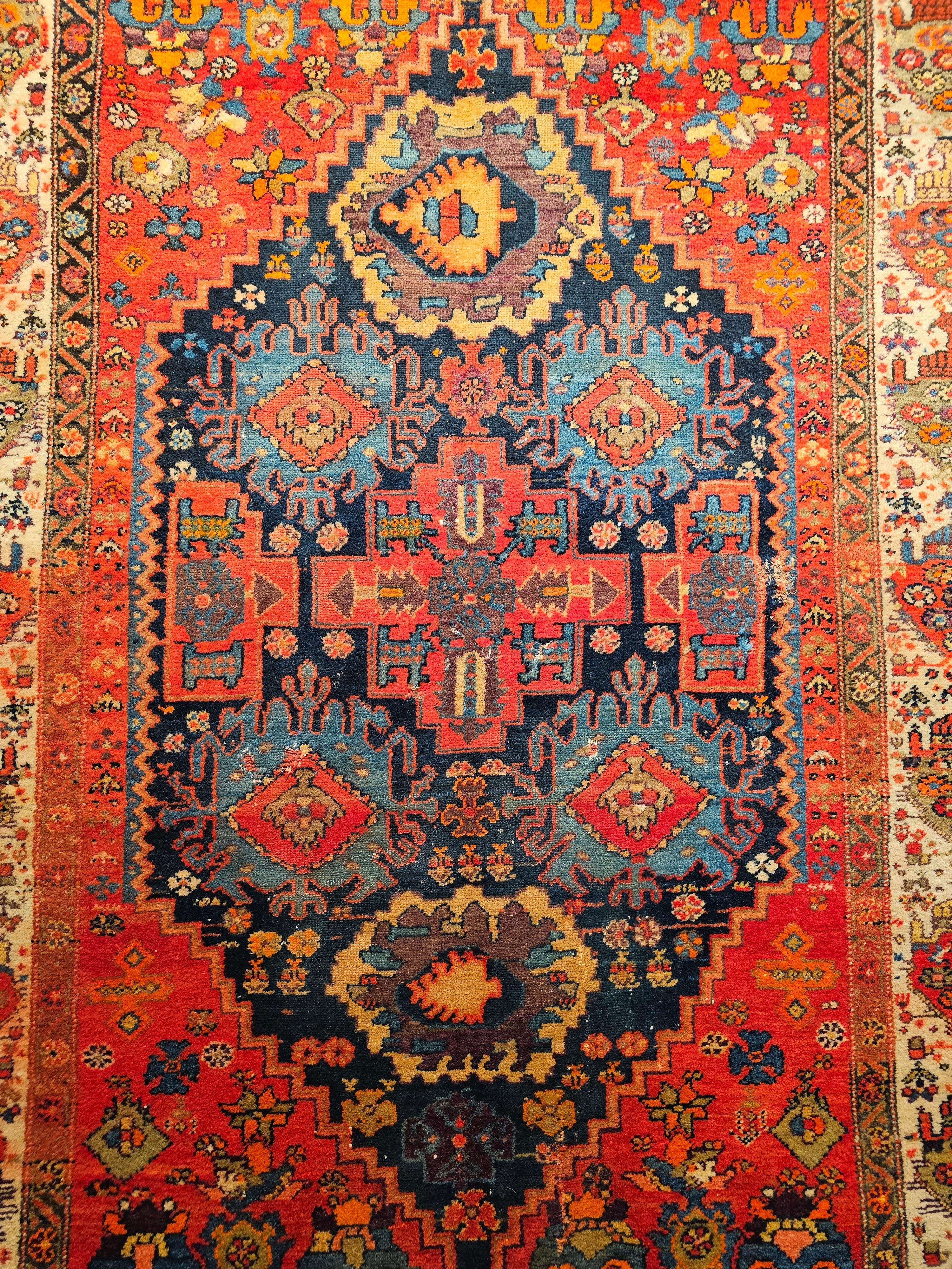Vintage Persian Malayer Area Rug in Allover Geometric Design in Red, Blue, Ivory For Sale